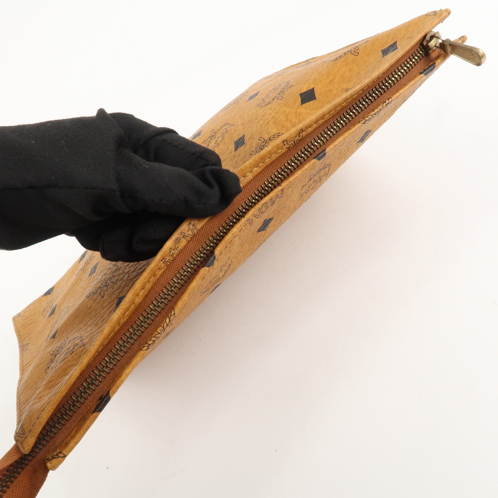 MCM Visetos Leather Clutch Bag Brown Gold Hardware