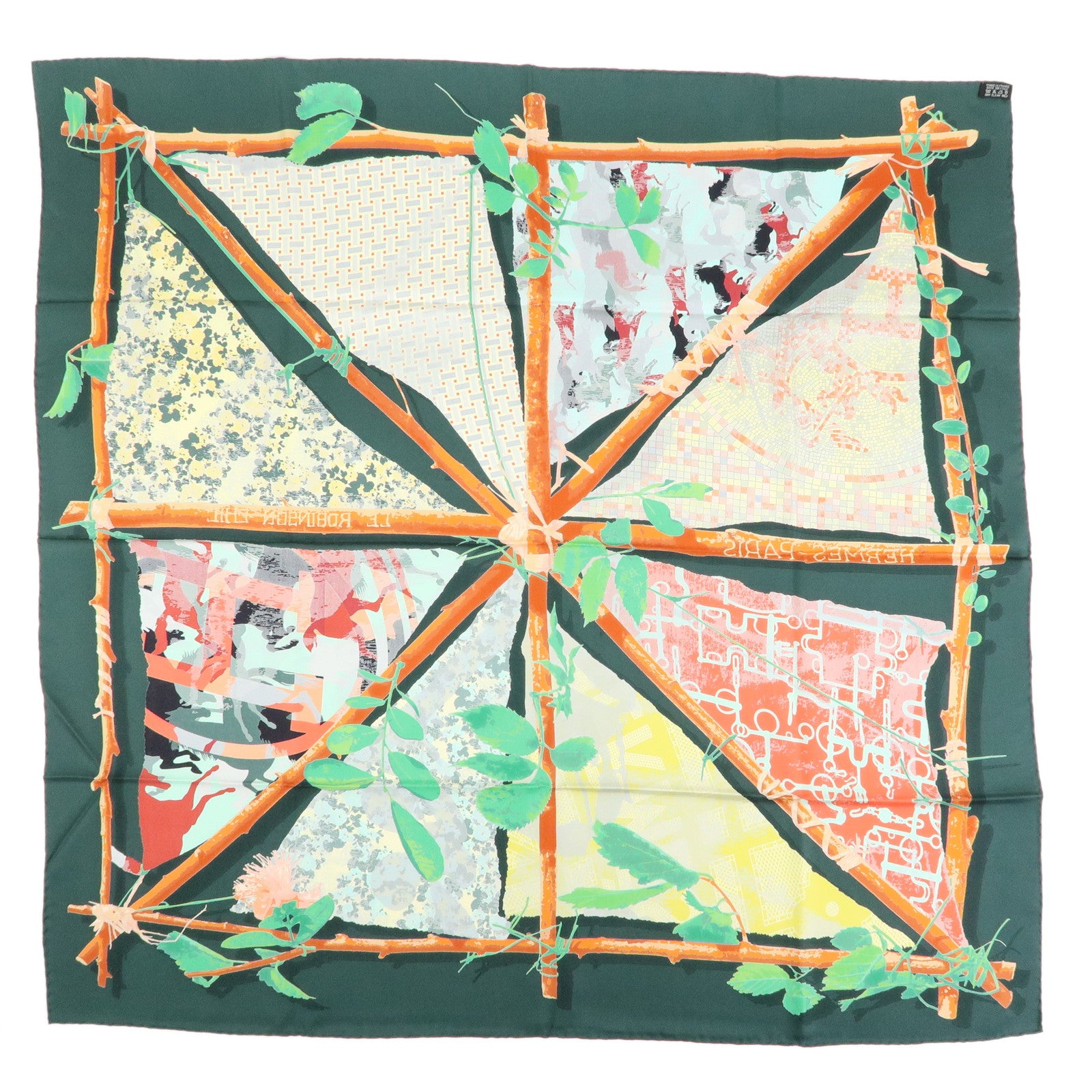 HERMES Carre 90 Silk 100% Scarf LE ROBINSON CHIC Green Brown