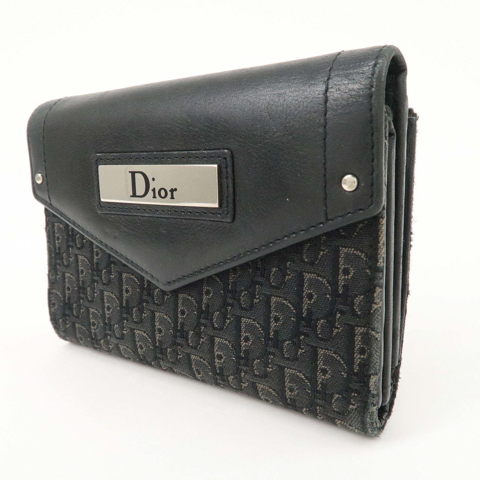 Christian Dior Trotter Leather Canvas Tri-Hold Wallet Black Silver