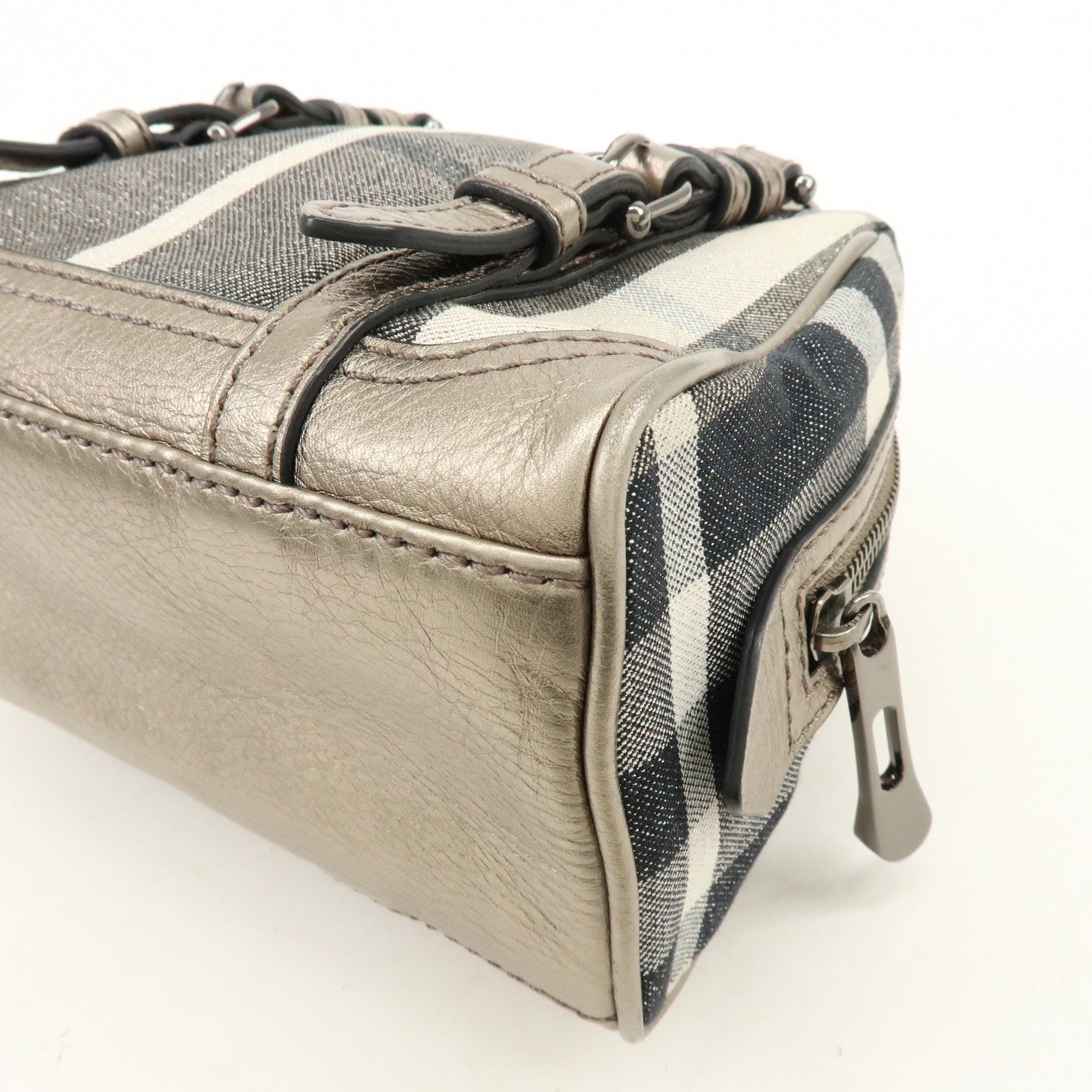 BURBERRY Plaid Canvas Leather Hand Bag Gray Champagne Gold