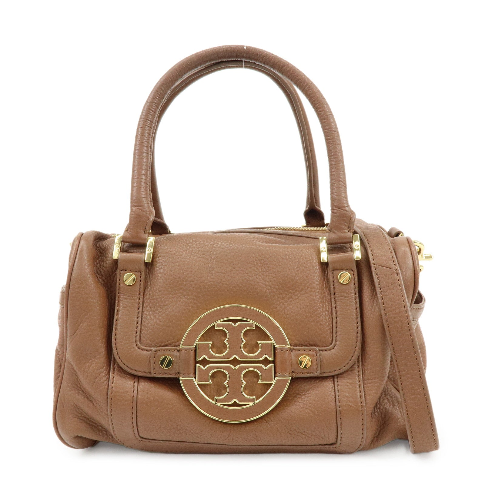 TORY BURCH Double T Leather 2Way Bag Hand Bag Mini Boston Bag Brown