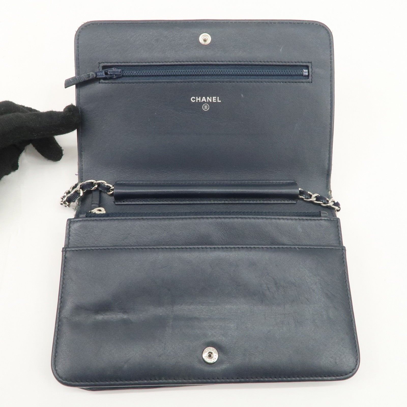 CHANEL Deauville Denim Chain Wallet Navy Brown Silver HDW A80795 Used