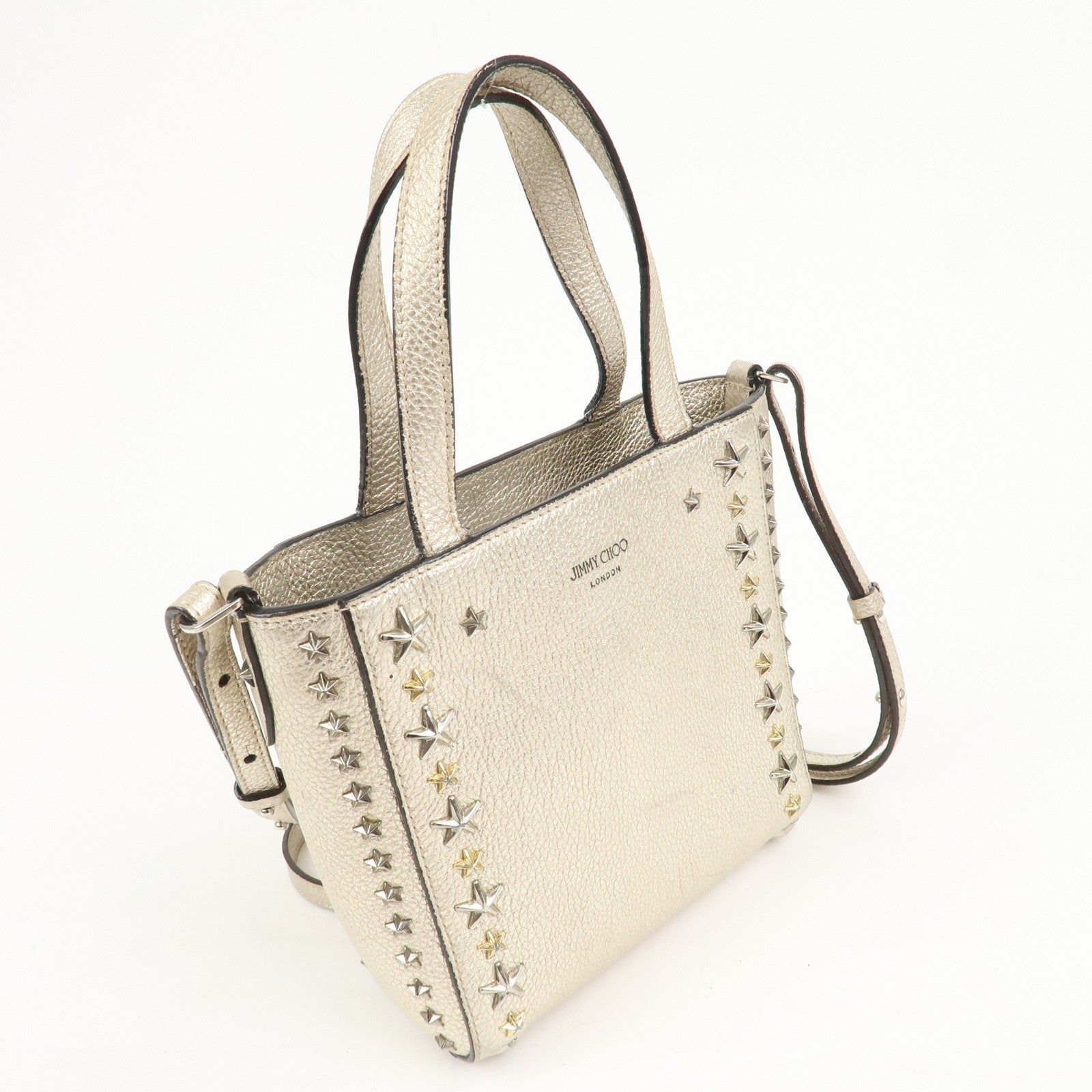 JIMMY CHOO Studs Leather 2Way Bag Hand Bag Silver