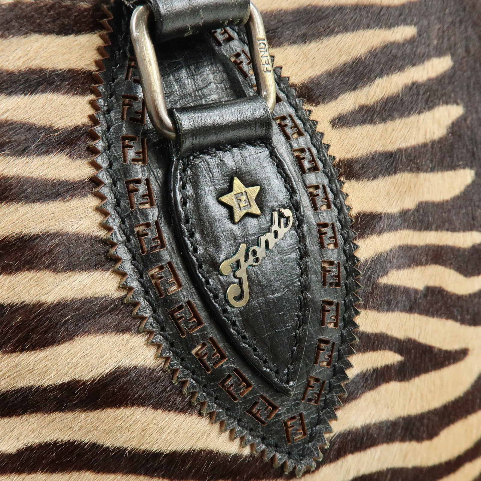 FENDI Etnico Calf Hair Leather Tote Bag Shoulder Bag Brown 8BN162