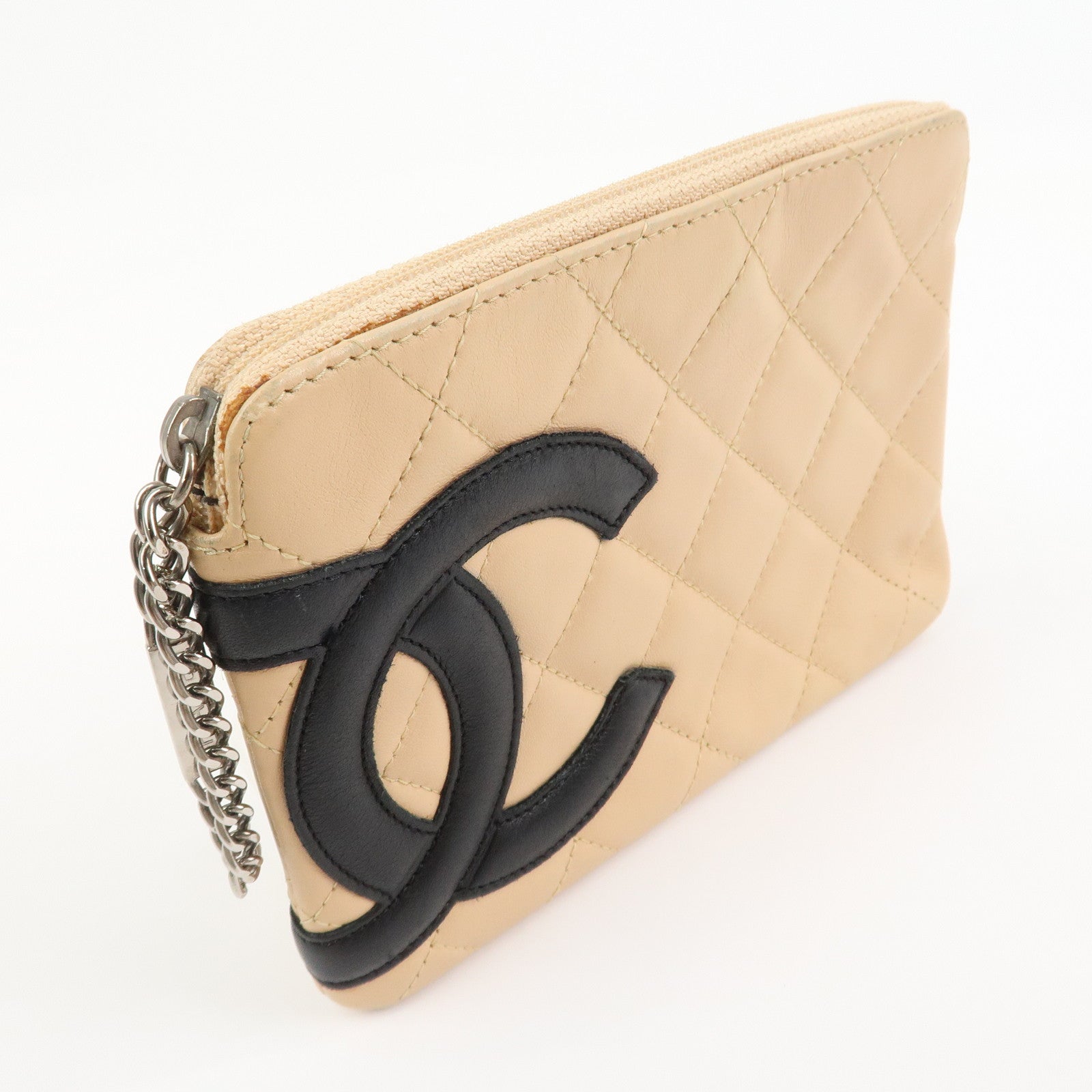CHANEL Cambon Line Lamb Skin Cosmetic Pouch Makeup Bag Beige Black