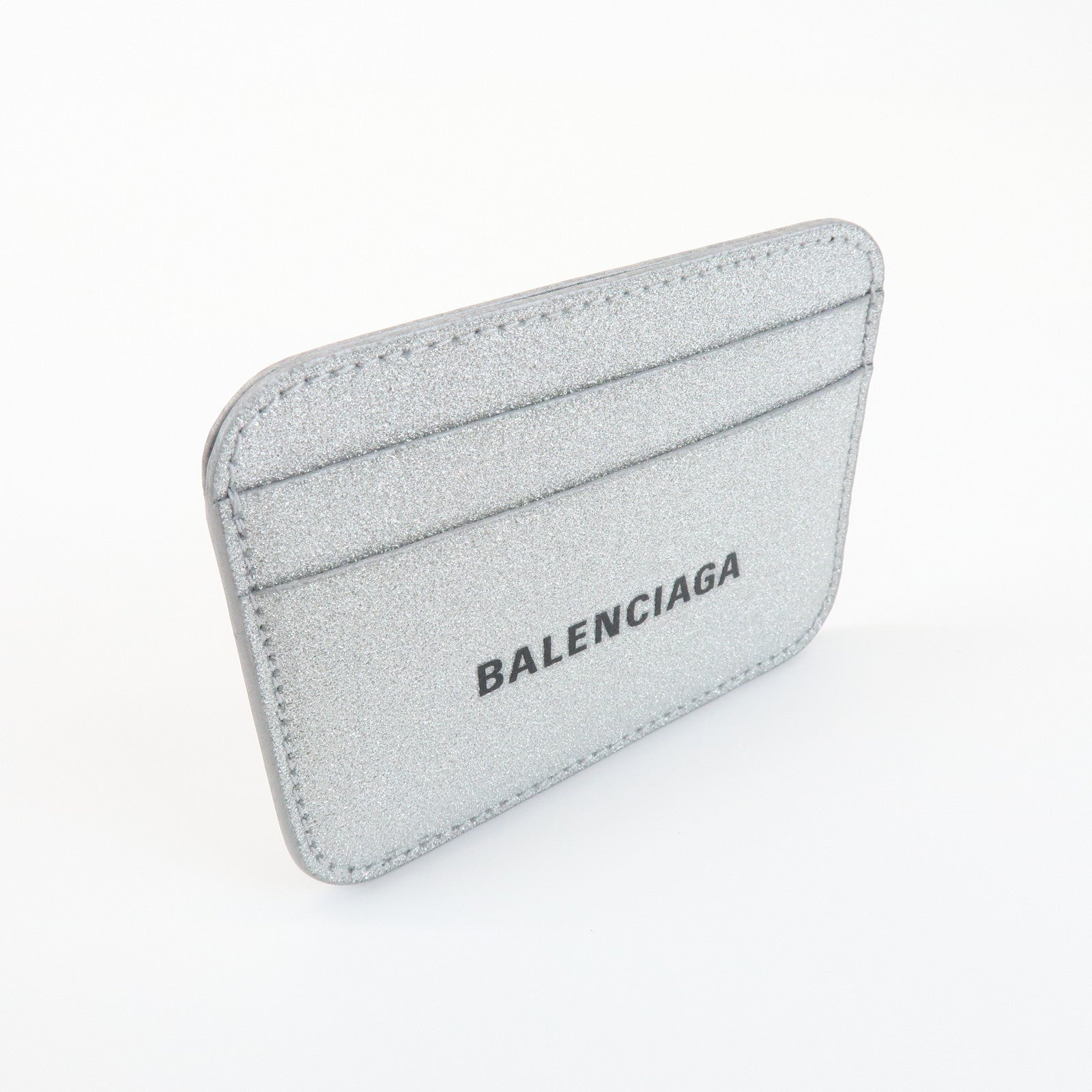 BALENCIAGA Logo Leather Card Case Card Holder Silver