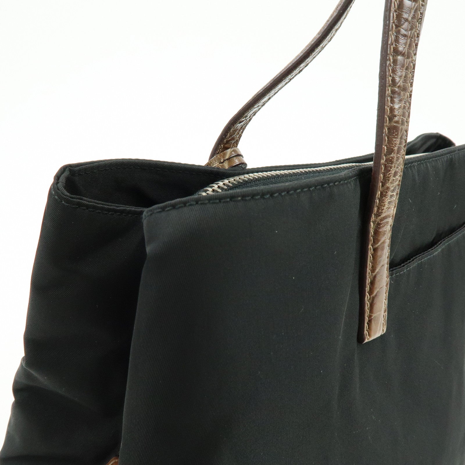 PRADA Triangle Logo Nylon Embossed Leather Tote Bag Black Brown
