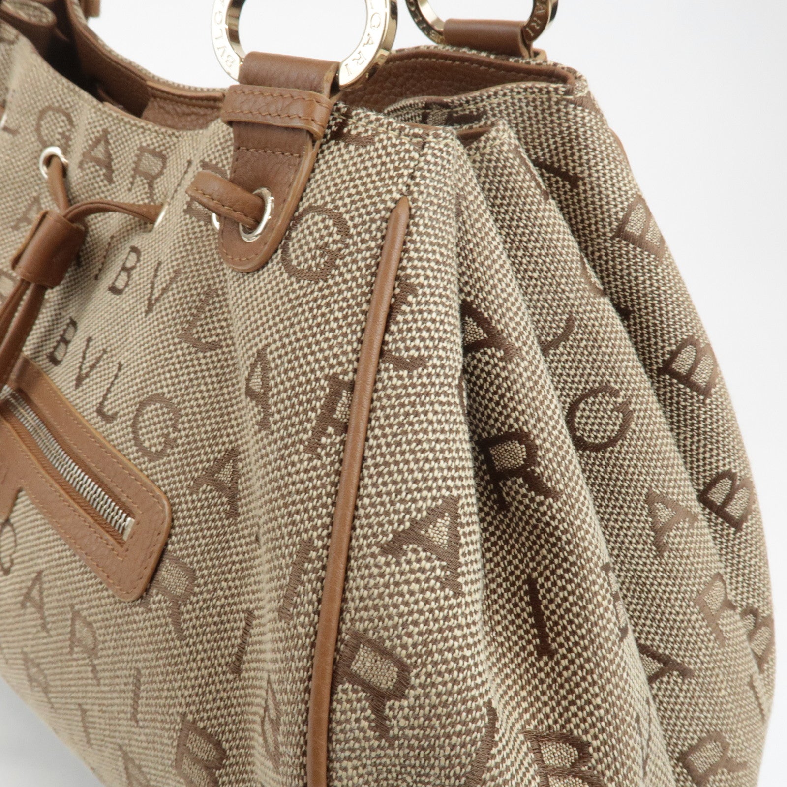 BVLGARI Logo Mania Leather Canvas Tote Bag Shoulder Bag Beige Brown Used