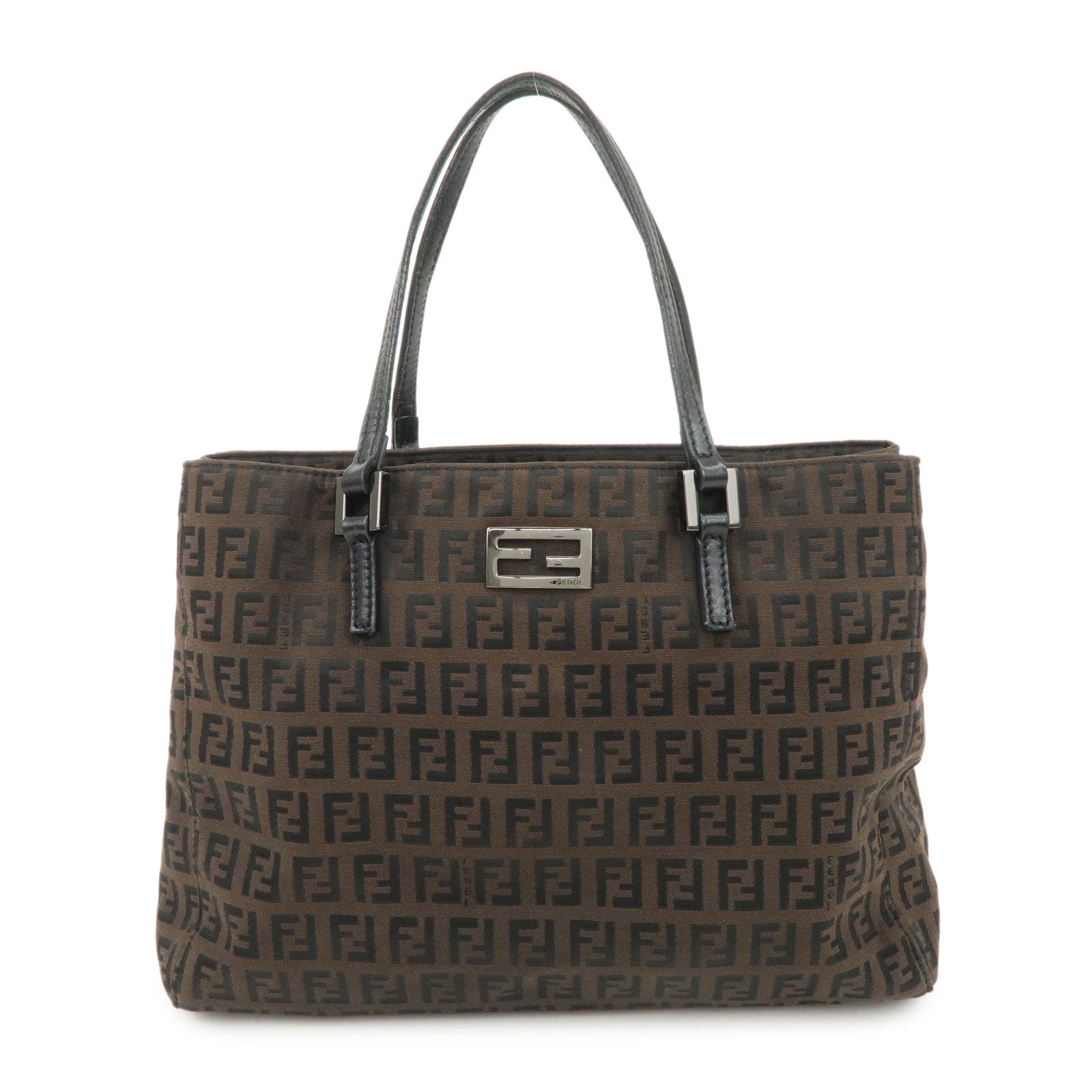 FENDI Zucchino Canvas Leather Tote Bag Hand Bag Dark Brown 8BH132