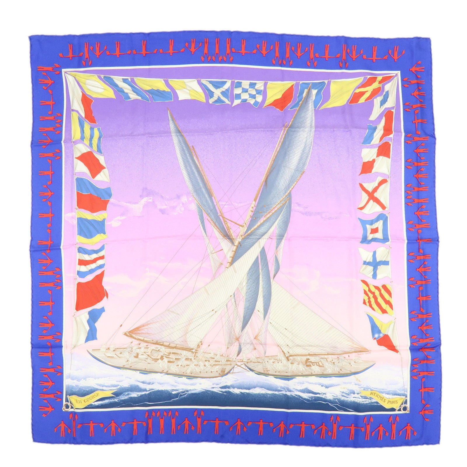 HERMES Carre 90 Silk 100% Scarf EN COURSE Purple Blue