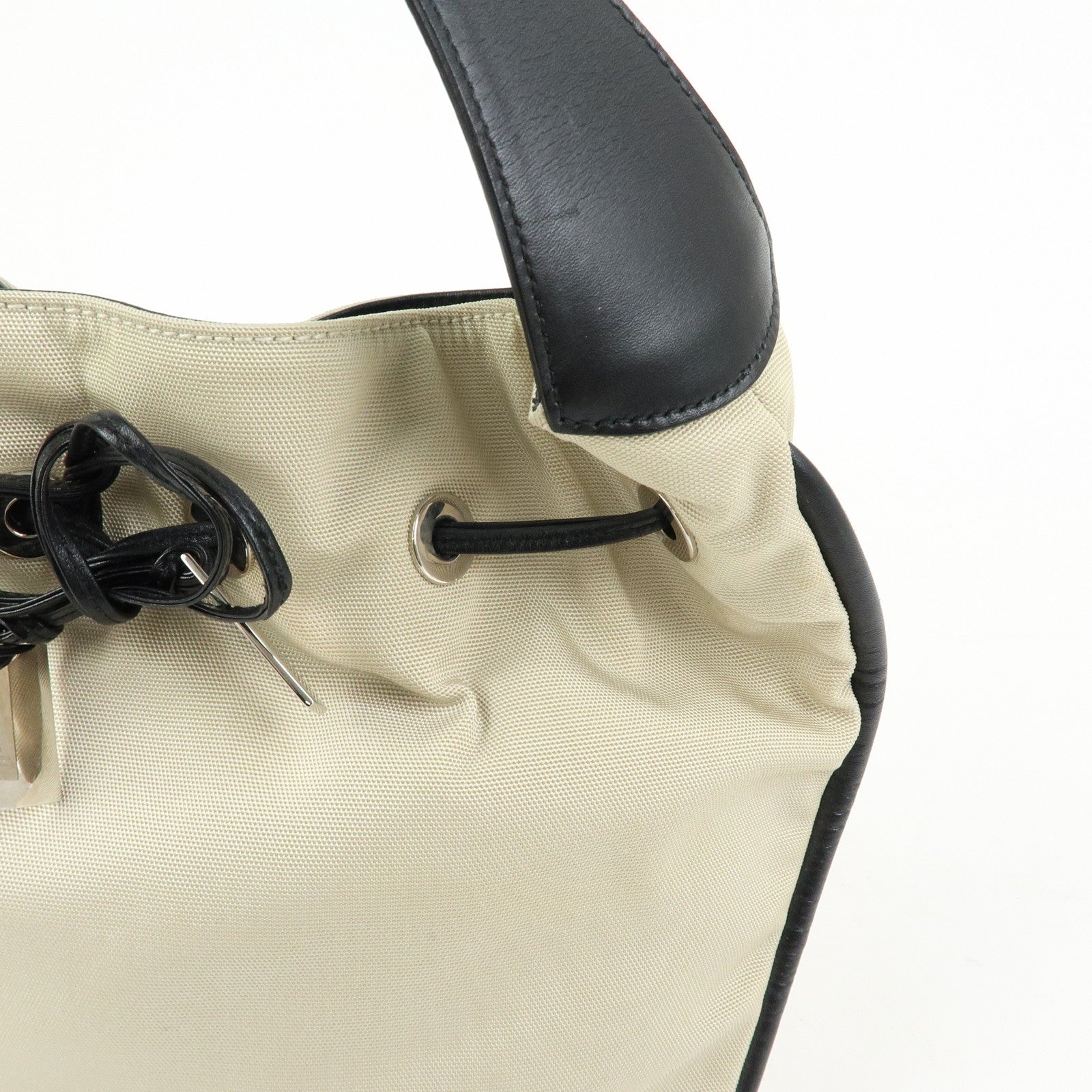 GUCCI Nylon Leather Drawstring Shoulder Bag Beige Black 001.4034