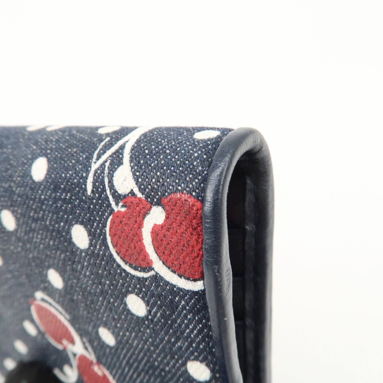 MIU MIU Cherry Denim Leather Bifold Compact Wallet Navy Red Used