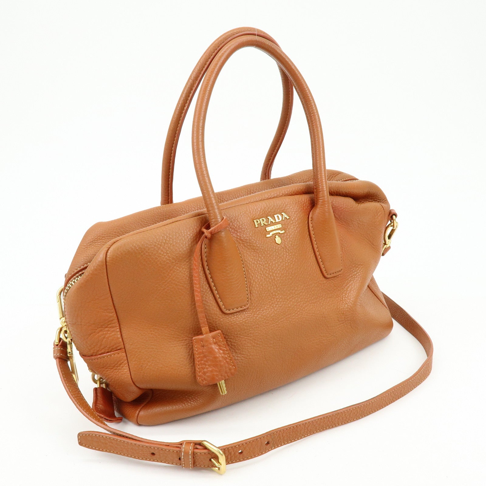 PRADA Leather 2Way Bag Hand Bag Shoulder Bag Light Brown BL0816