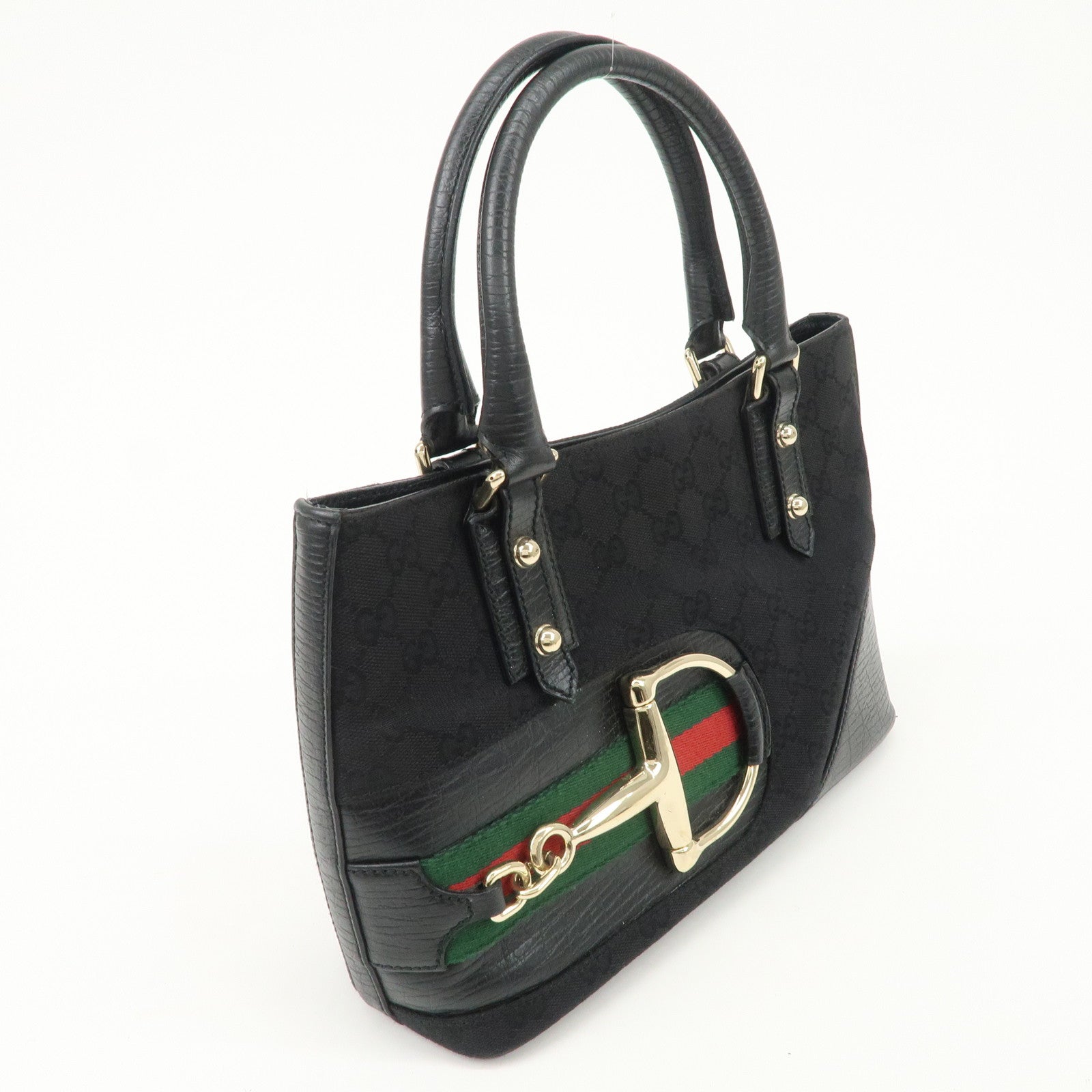 GUCCI Horsebit Sherry GG Canvas Leather Hand Bag Black 137475