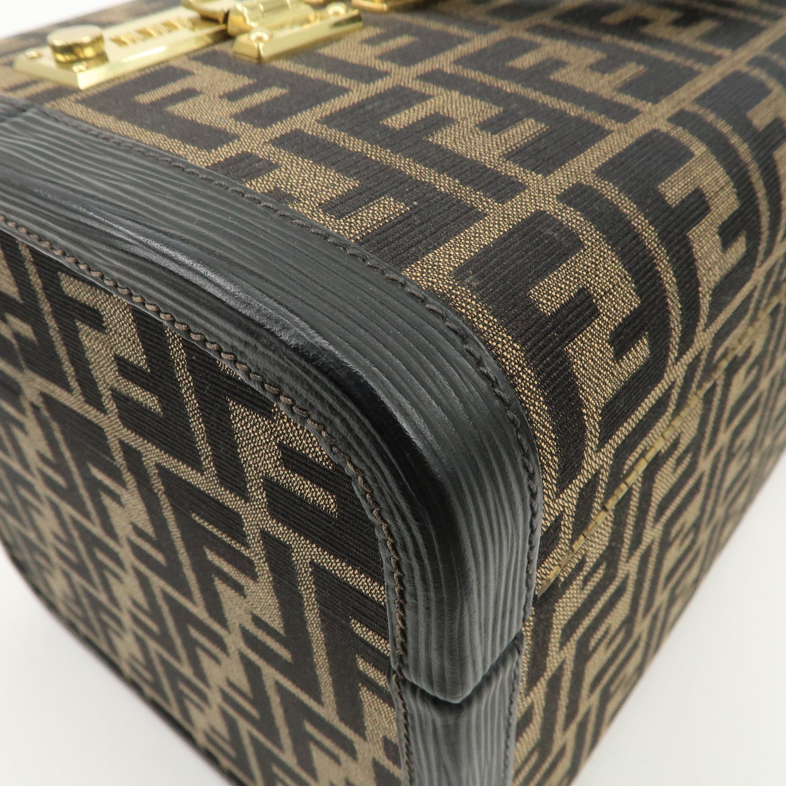 FENDI Zucca Canvas Leather Vanity Bag Makeup Box Brown Black