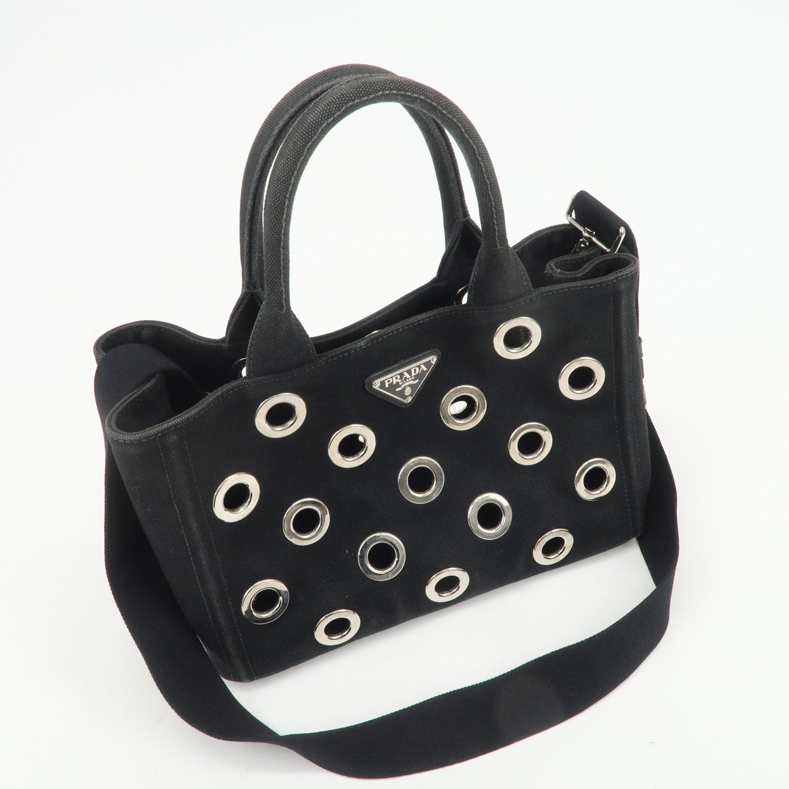 PRADA Canapa Mini Canvas Grommet 2Way Bag Hand Shoulder Bag Black