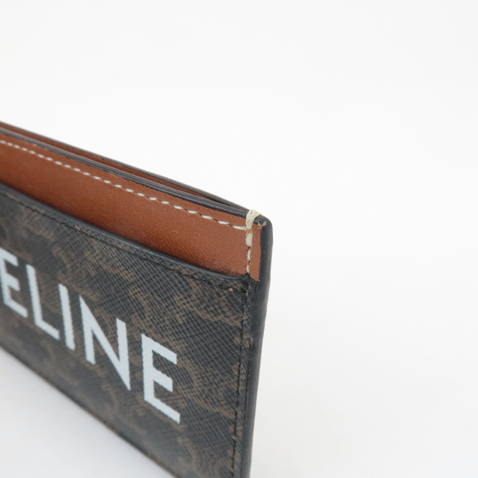 CELINE Leather Canvas Triomphe Card Case Black Brown 10B702CLY
