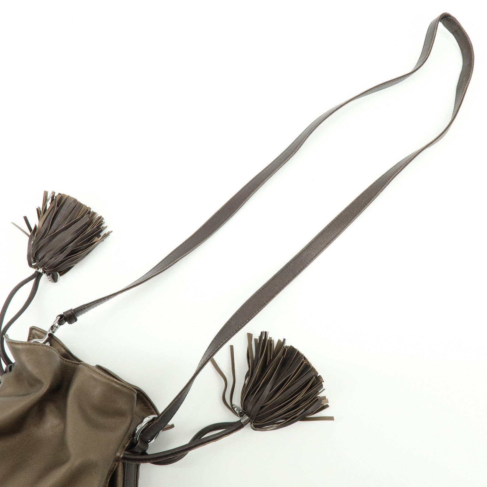 LOEWE Anagram Nappa Leather Drawstring Fringe Shoulder Bag Brown