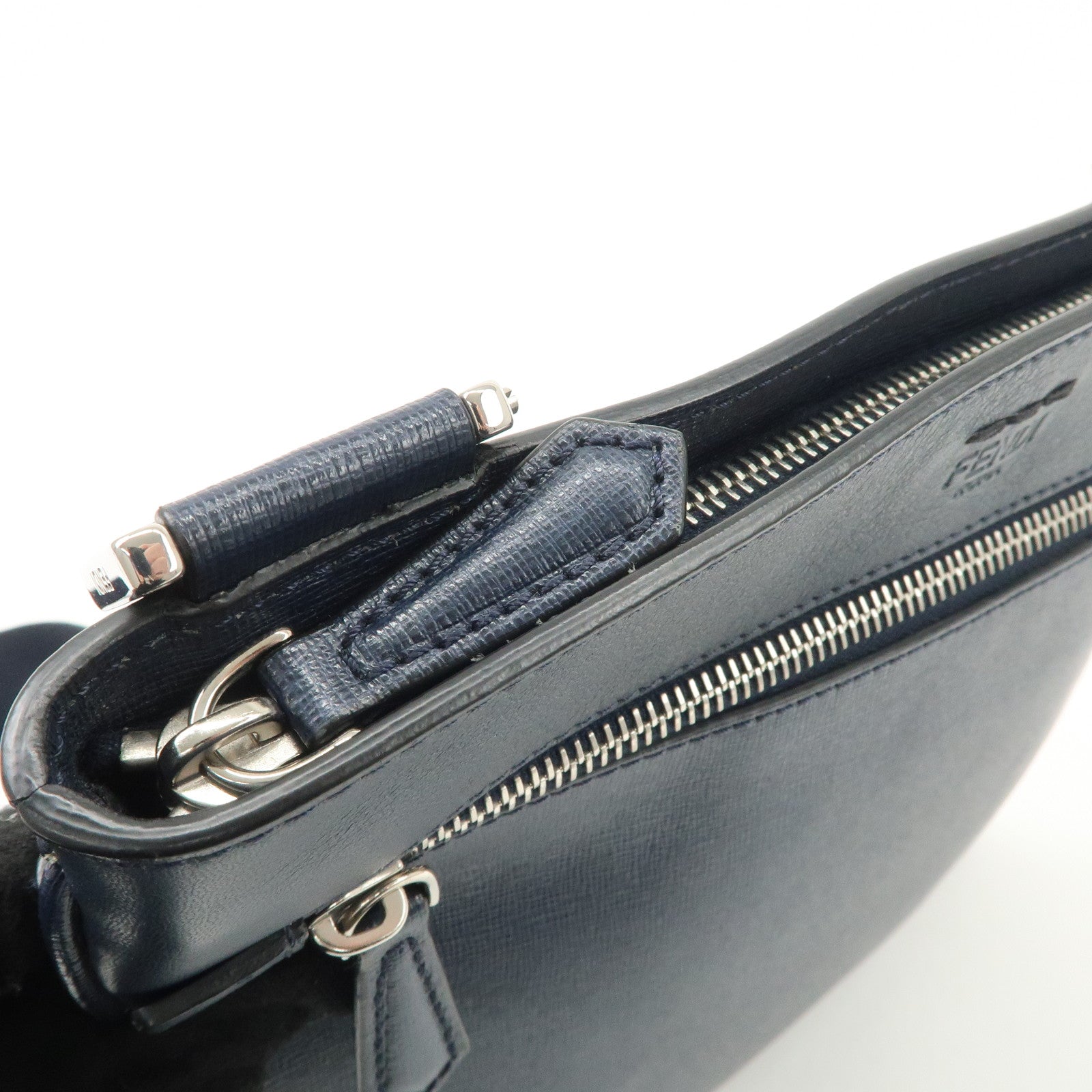 FENDI Logo Leather Shoulder Bag Crossbody Bag Navy 7VA357 Used