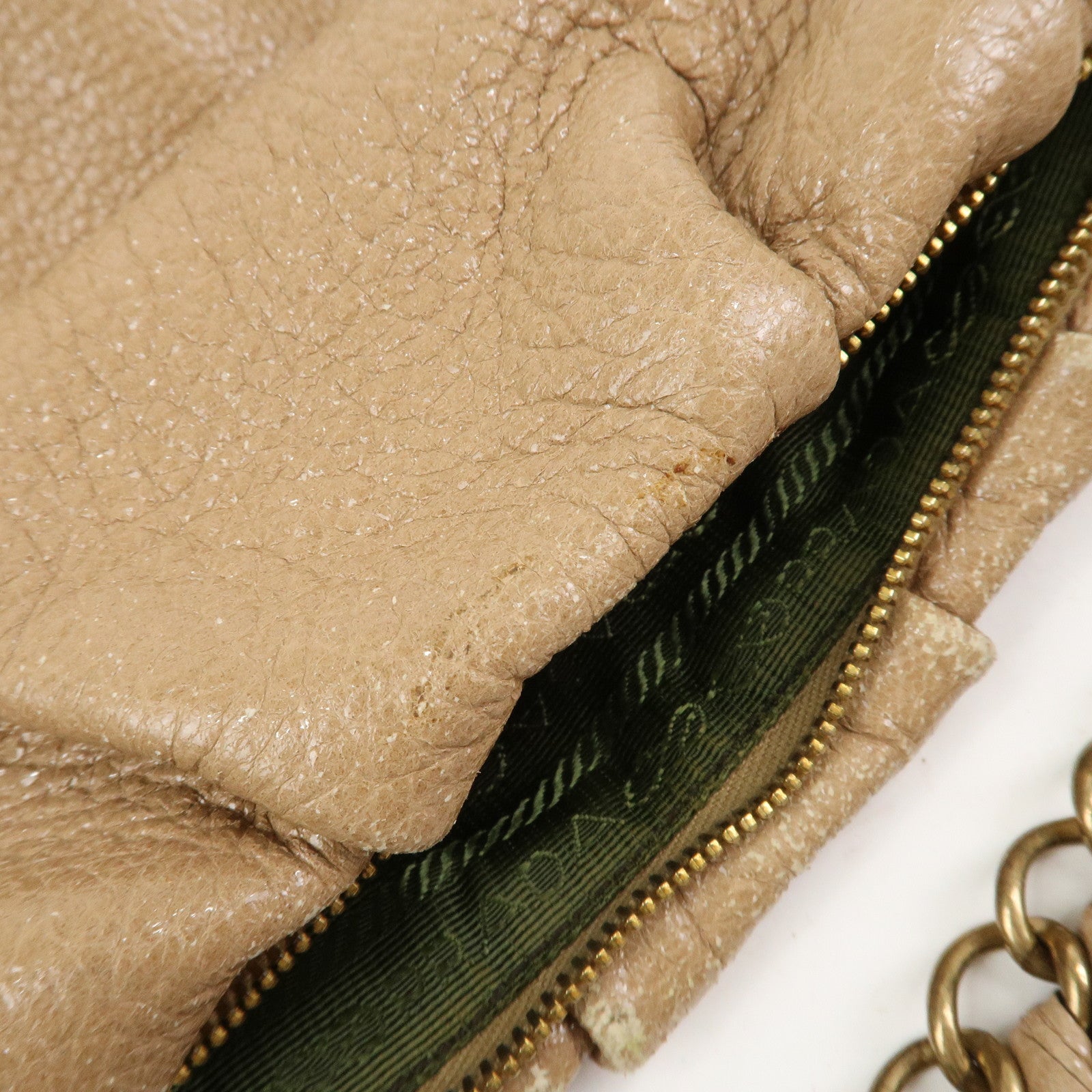 PRADA Logo Leather Chain Shoulder Bag Hand Bag Beige