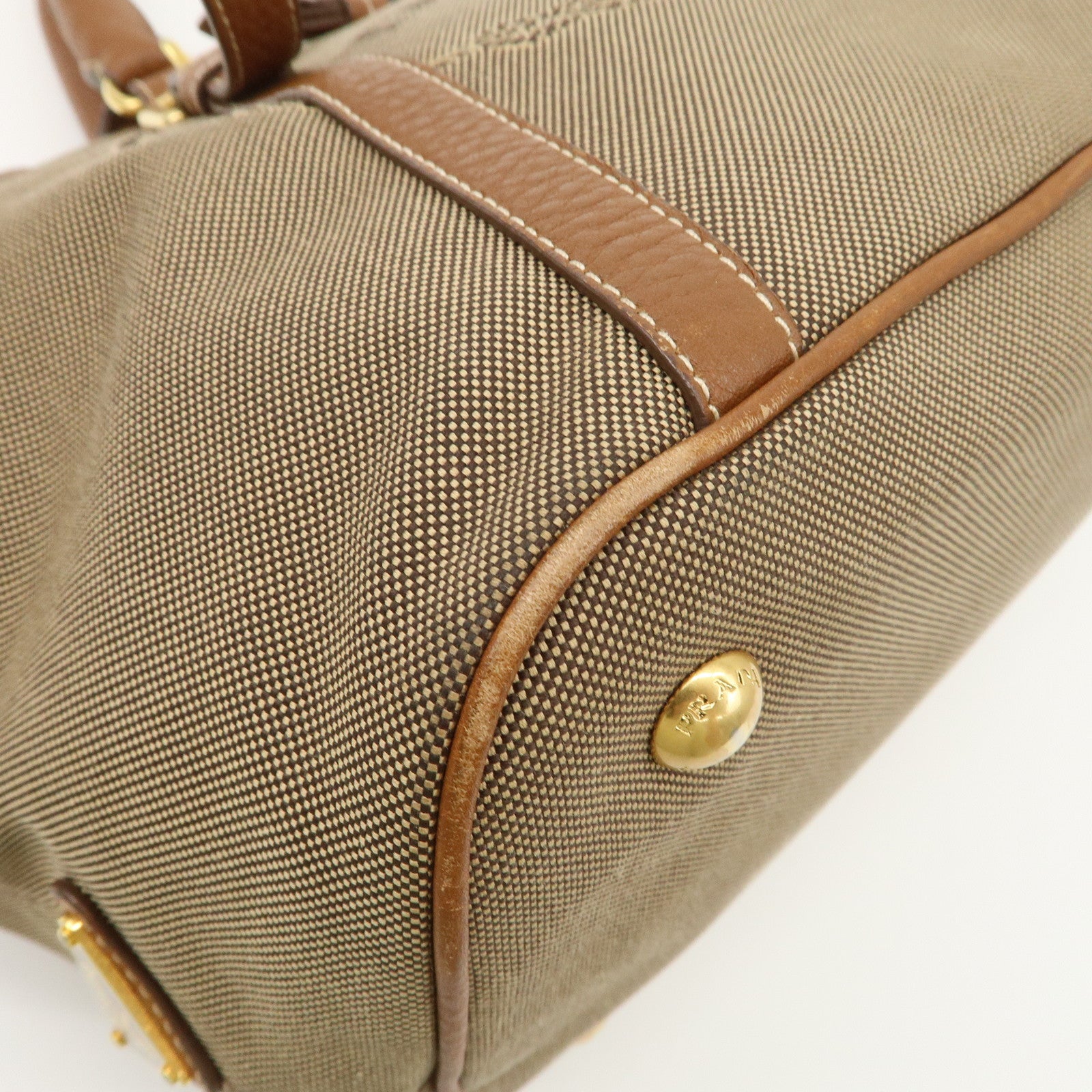 PRADA Leather Logo Jacquard Tote Bag Ribbon Beige Brown BN1841 Used
