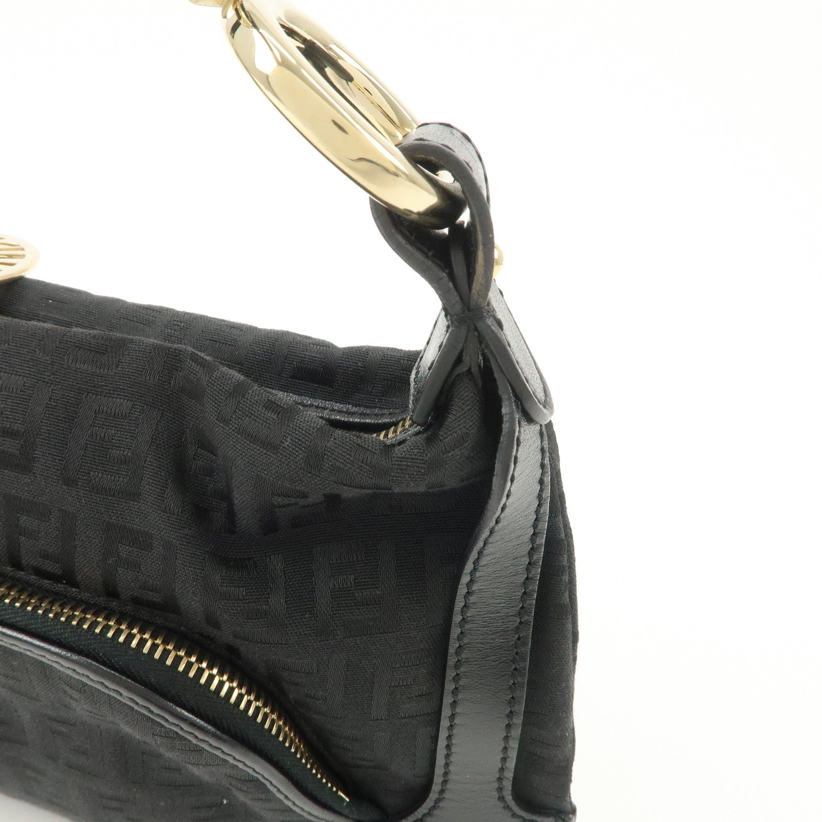 FENDI Zucchino Canvas Leather Logo Charm Shoulder Bag Black 8BR464