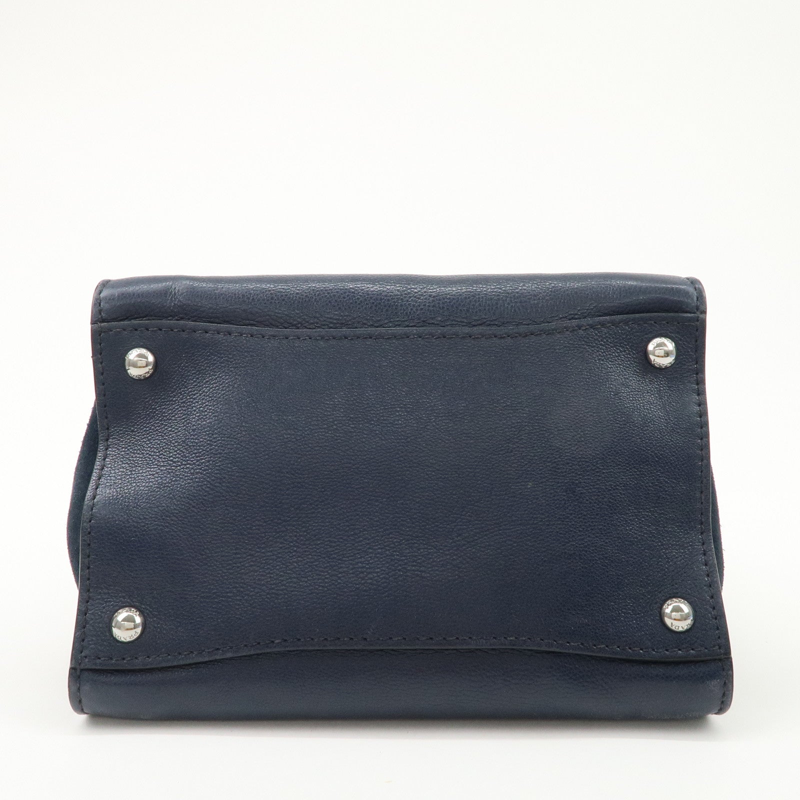 PRADA Triangle Logo Leather 2Way Bag Tote Bag Hand Bag Navy B2625M