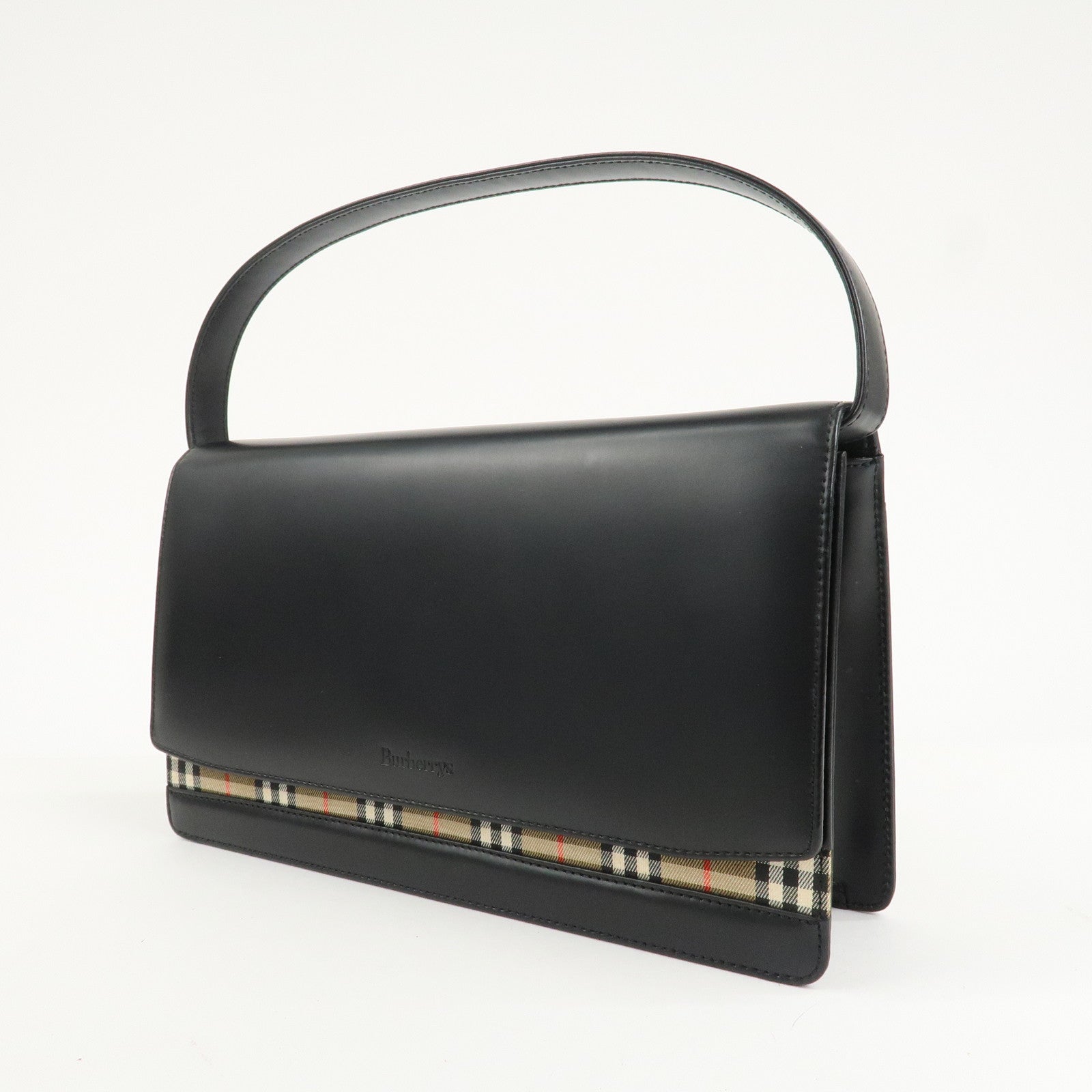 BURBERRY Nova Plaid PVC Leather Shoulder Bag Hand Bag Black Beige Used