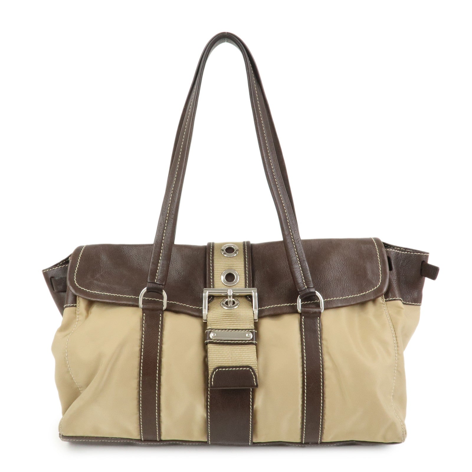 PRADA Triangle Logo Leather Nylon Shoulder Bag Brown BR2418