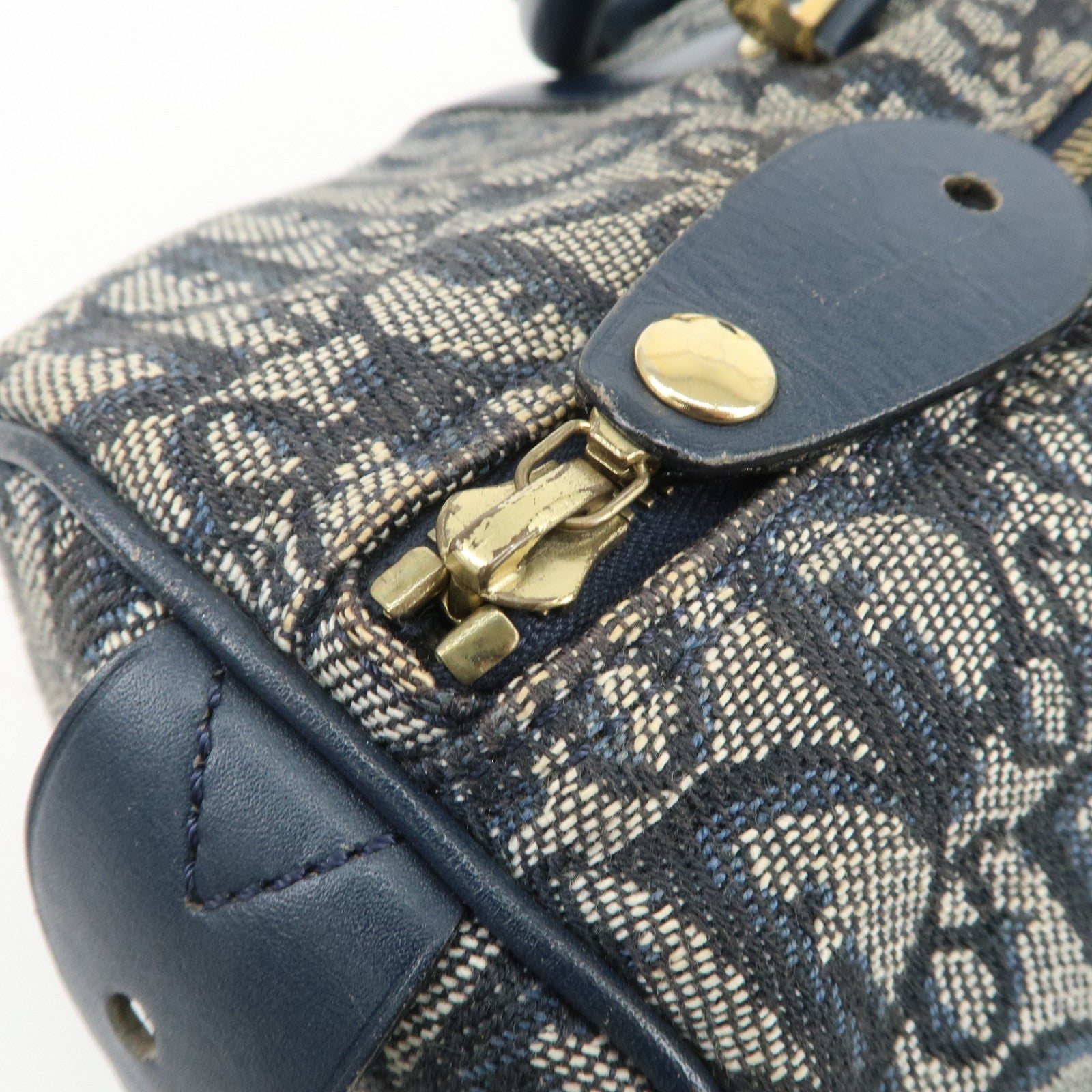 Christian Dior Trotter Jacquard Canvas Leather Boston Bag Navy