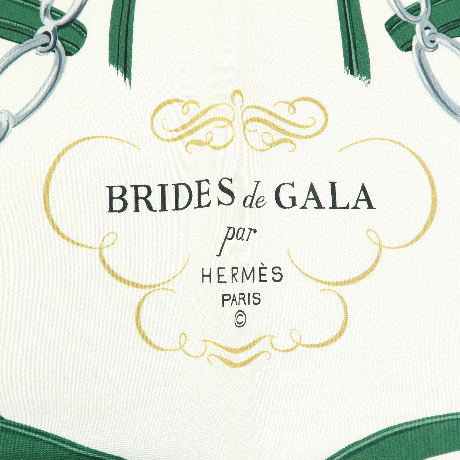 HERMES Carre 90 Silk 100% Scarf BRIDES DE GALA Bridle Green White