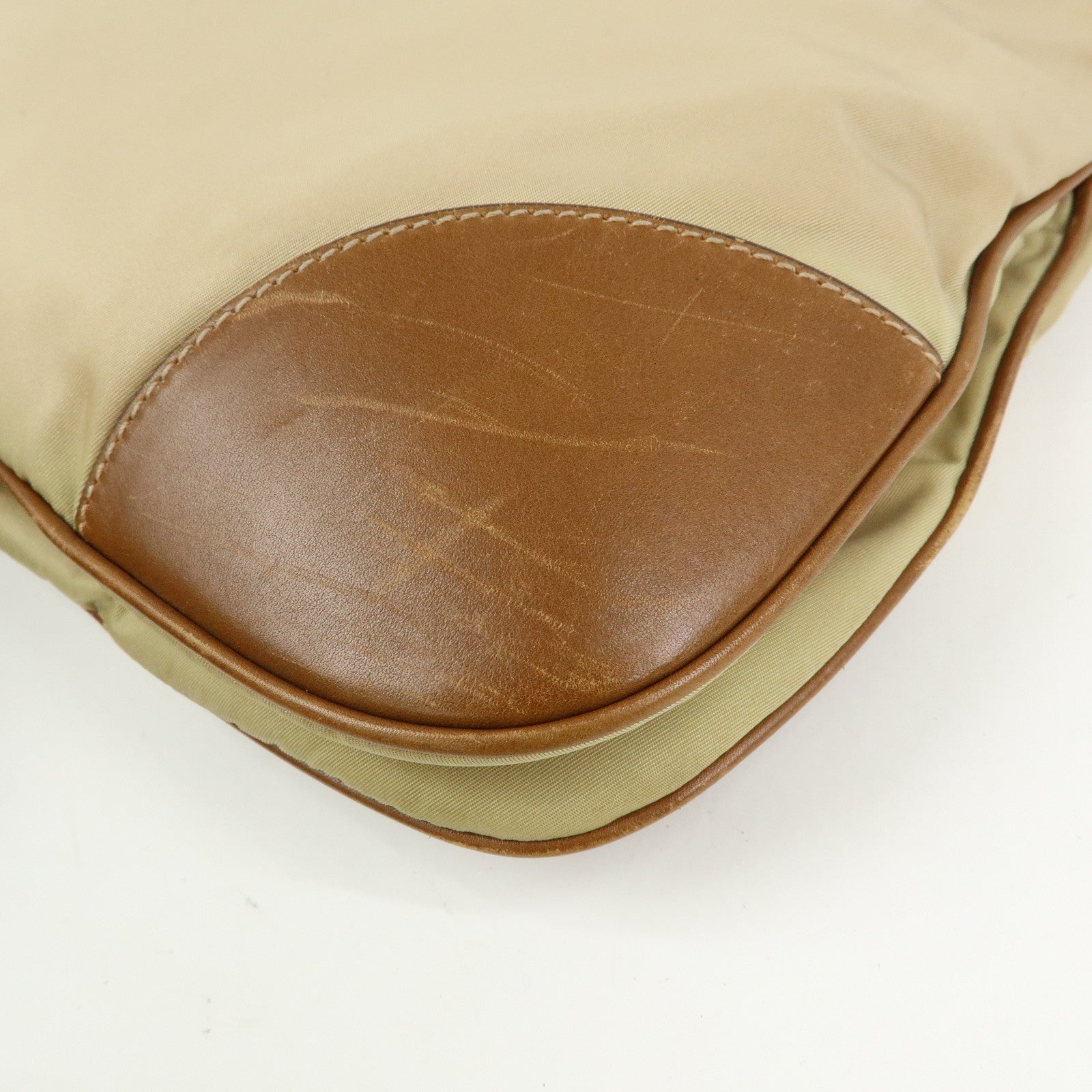 PRADA Triangle Logo Nylon Leather Shoulder Bag Crossbody Bag Beige