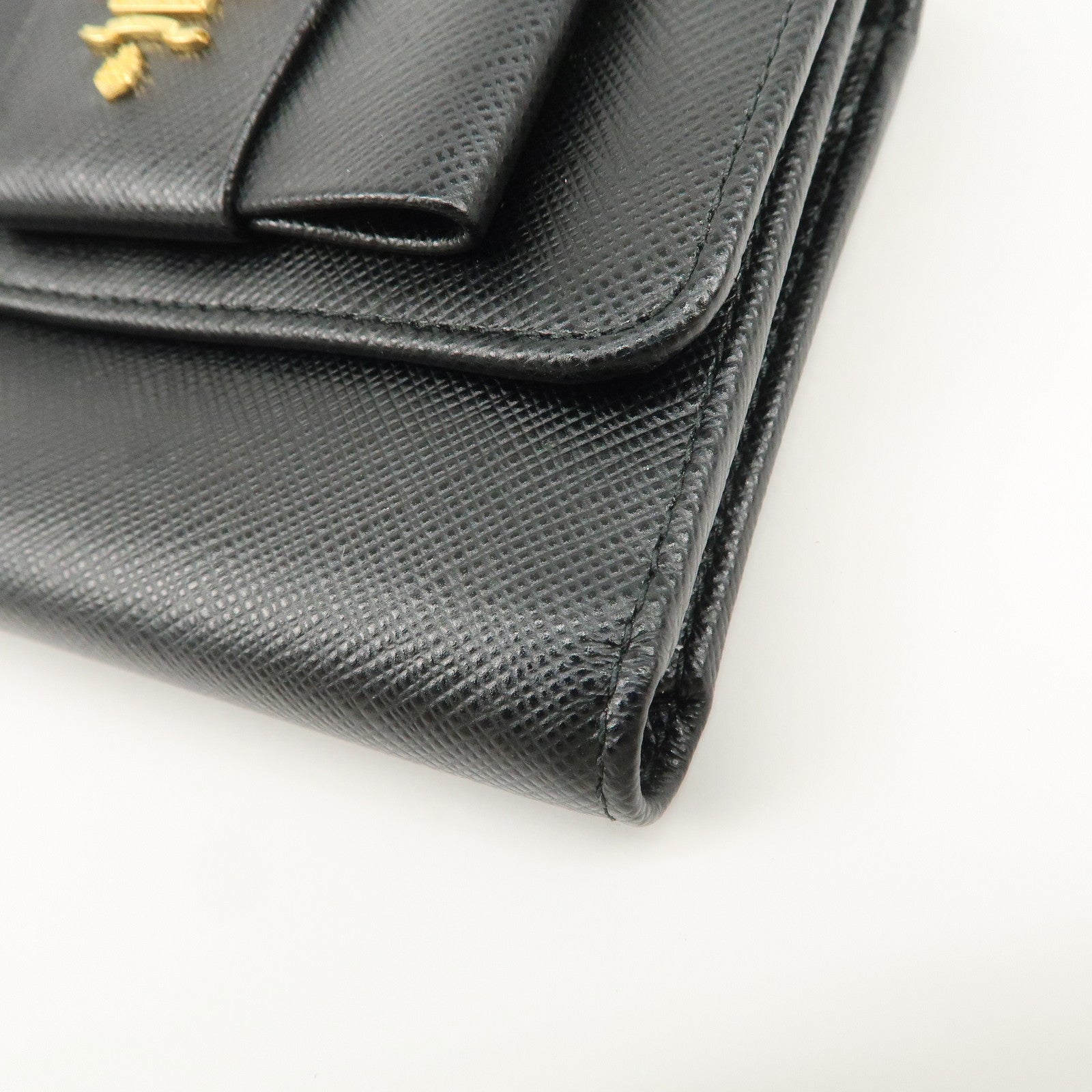 PRADA Leather Ribbon Tri-fold Wallet Black 1MH840 Used