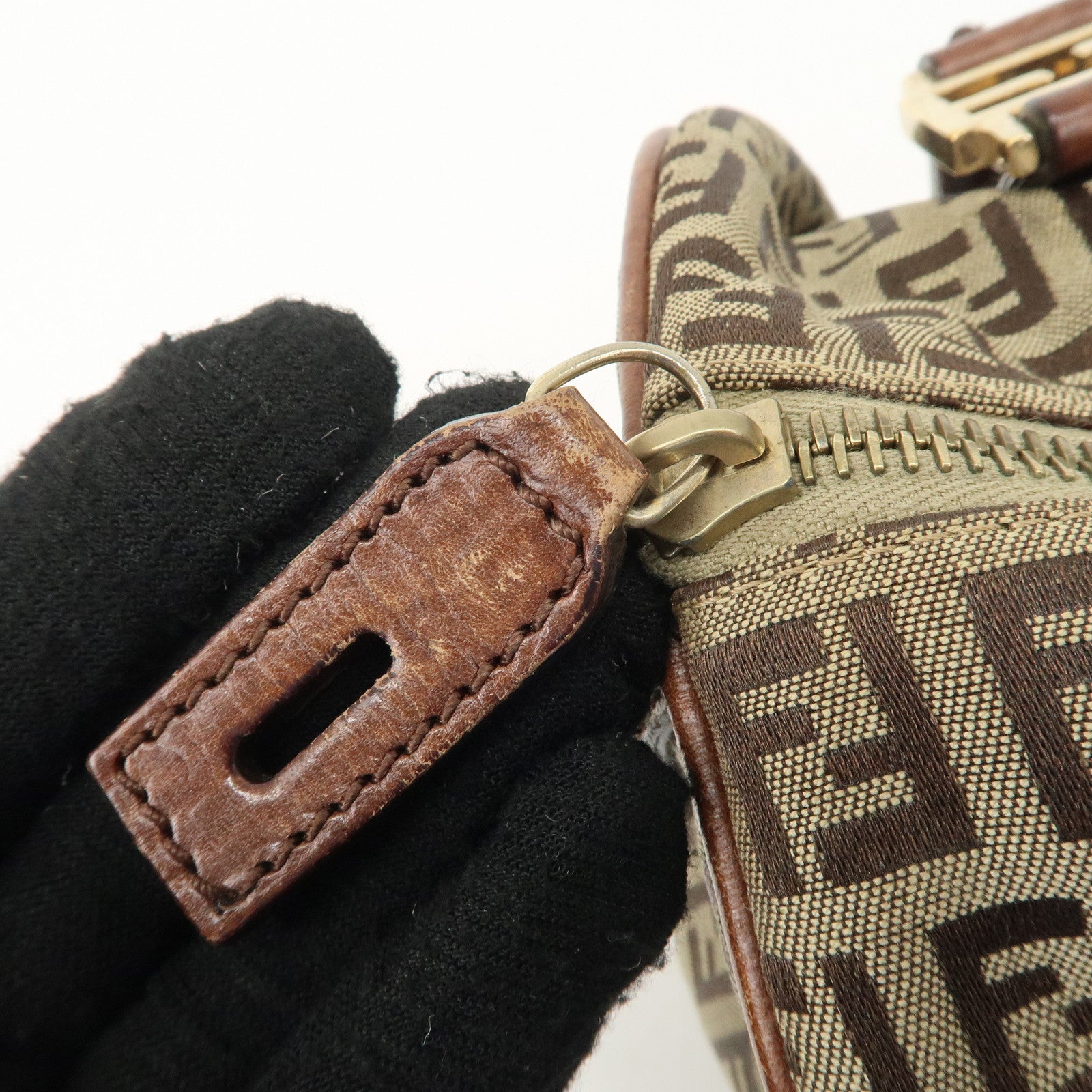 FENDI Zucchino Canvas Leather Boston Bag Brown Beige 8BL068 Used