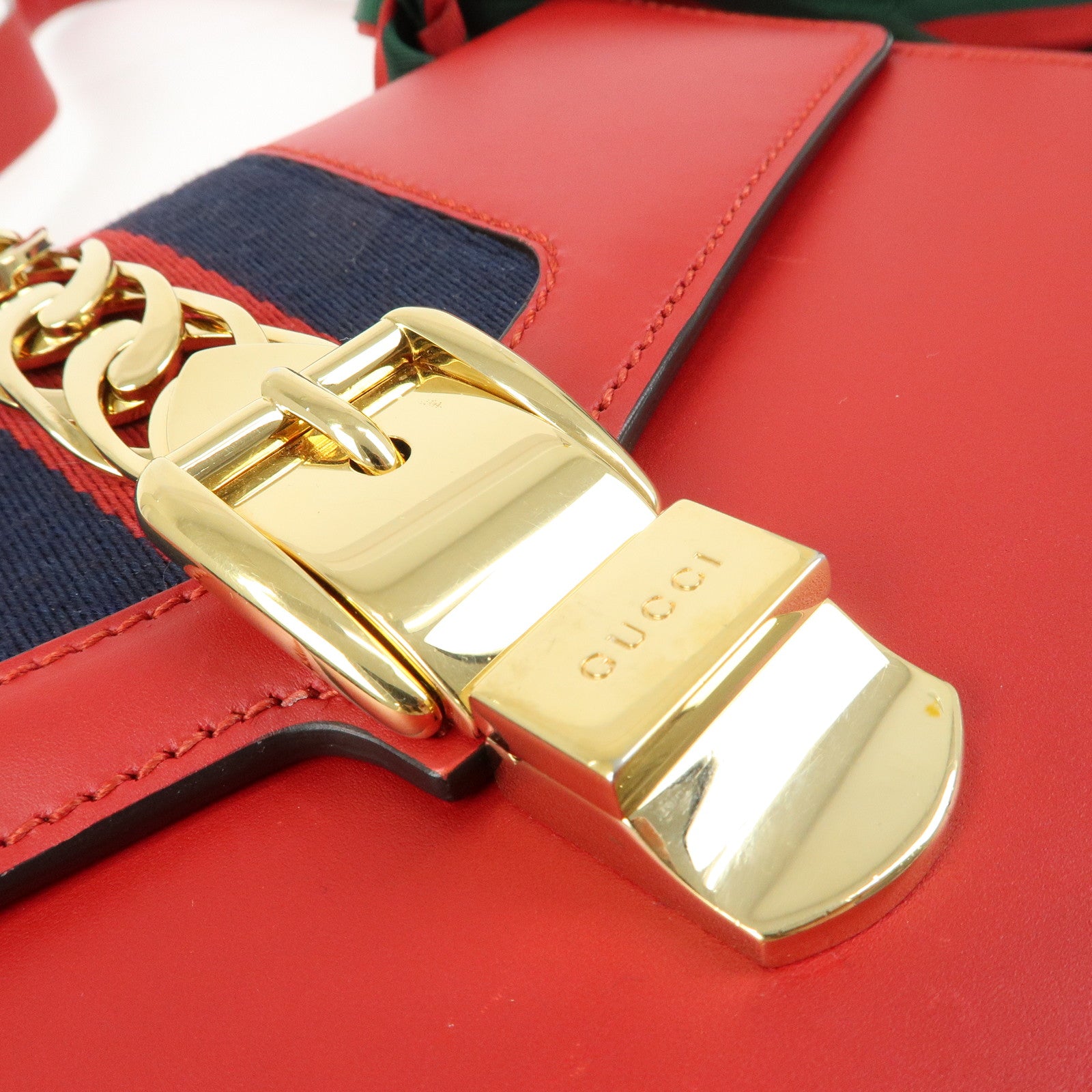 GUCCI Sylvie Sherry Leather Shoulder Bag Ribbon Red Navy 421882