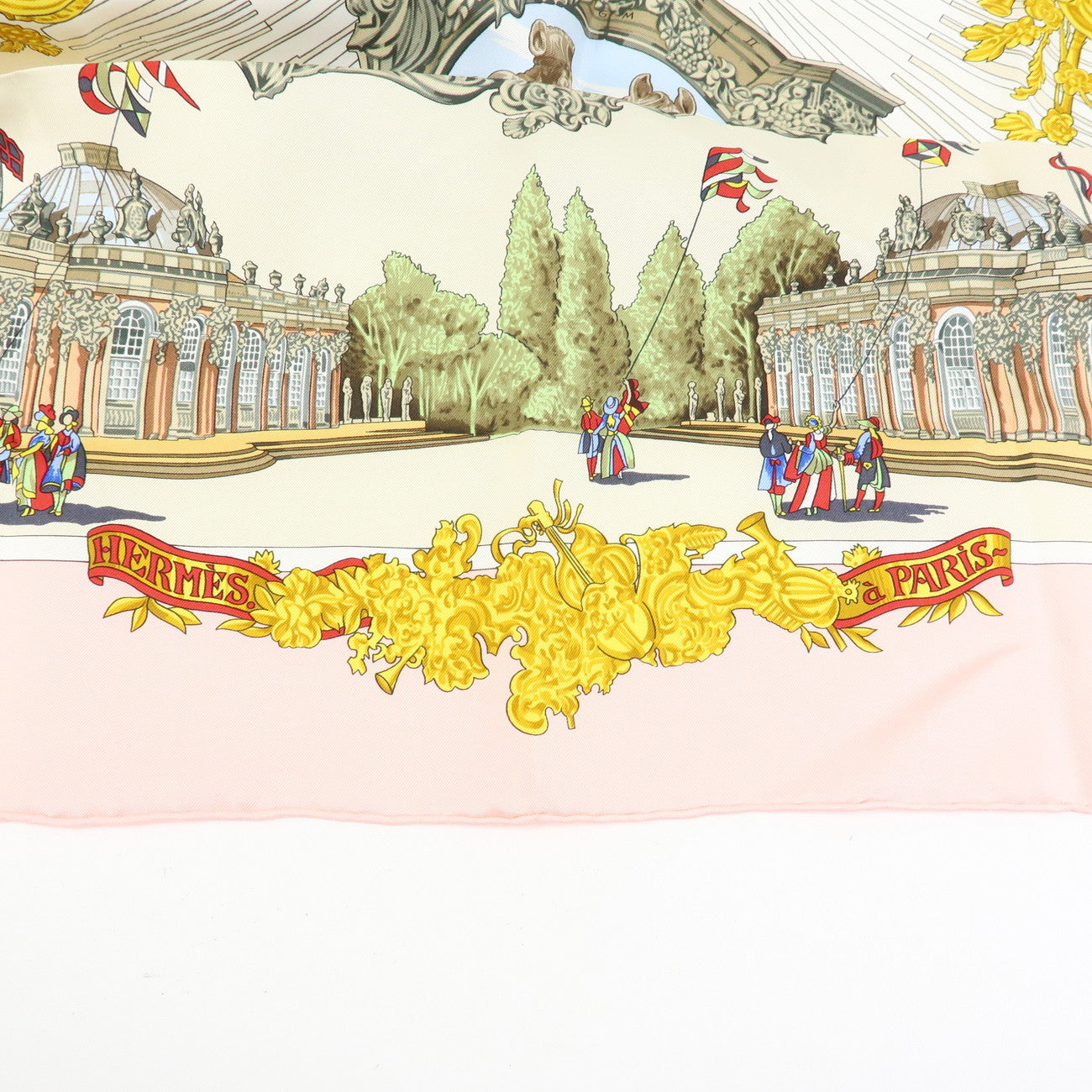 HERMES Carre 90 Silk 100% Scarf SANSSOUCY Pink White