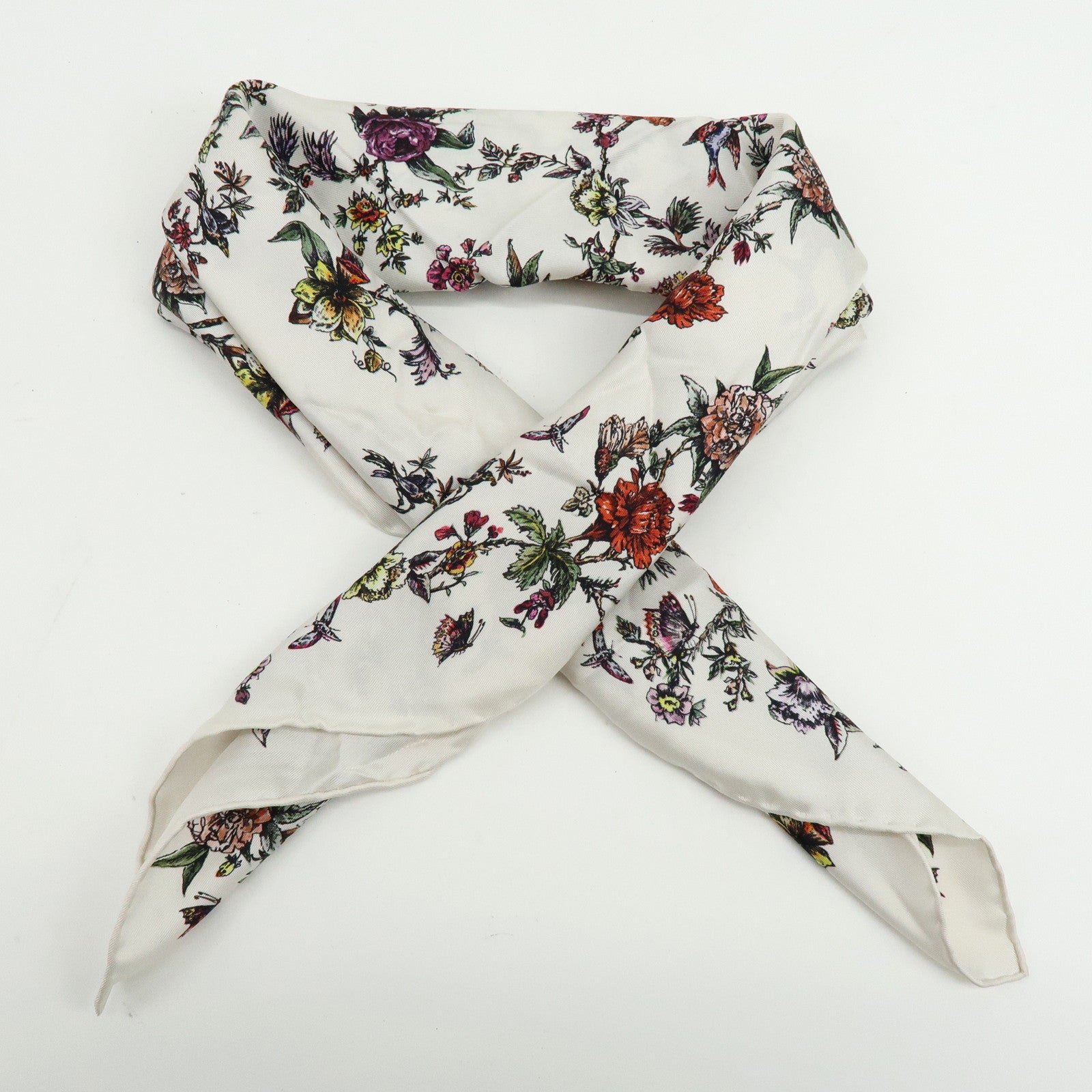 Christian Dior Flower Motif Silk 100% Scarf Ivory Multicolor