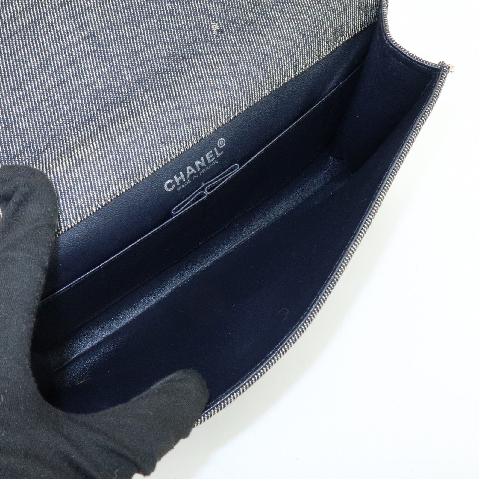 CHANEL Chocolate Bar COCO Mark Denim Clutch Bag Black