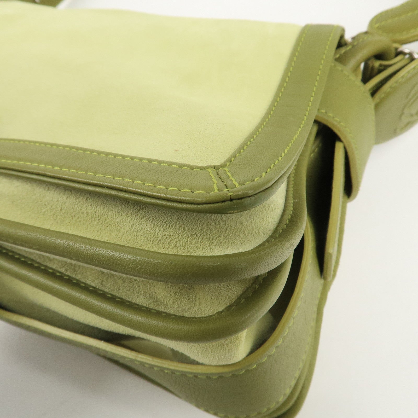 LOEWE Anagram Leather Suede Shoulder Bag Green Silver HDW Used