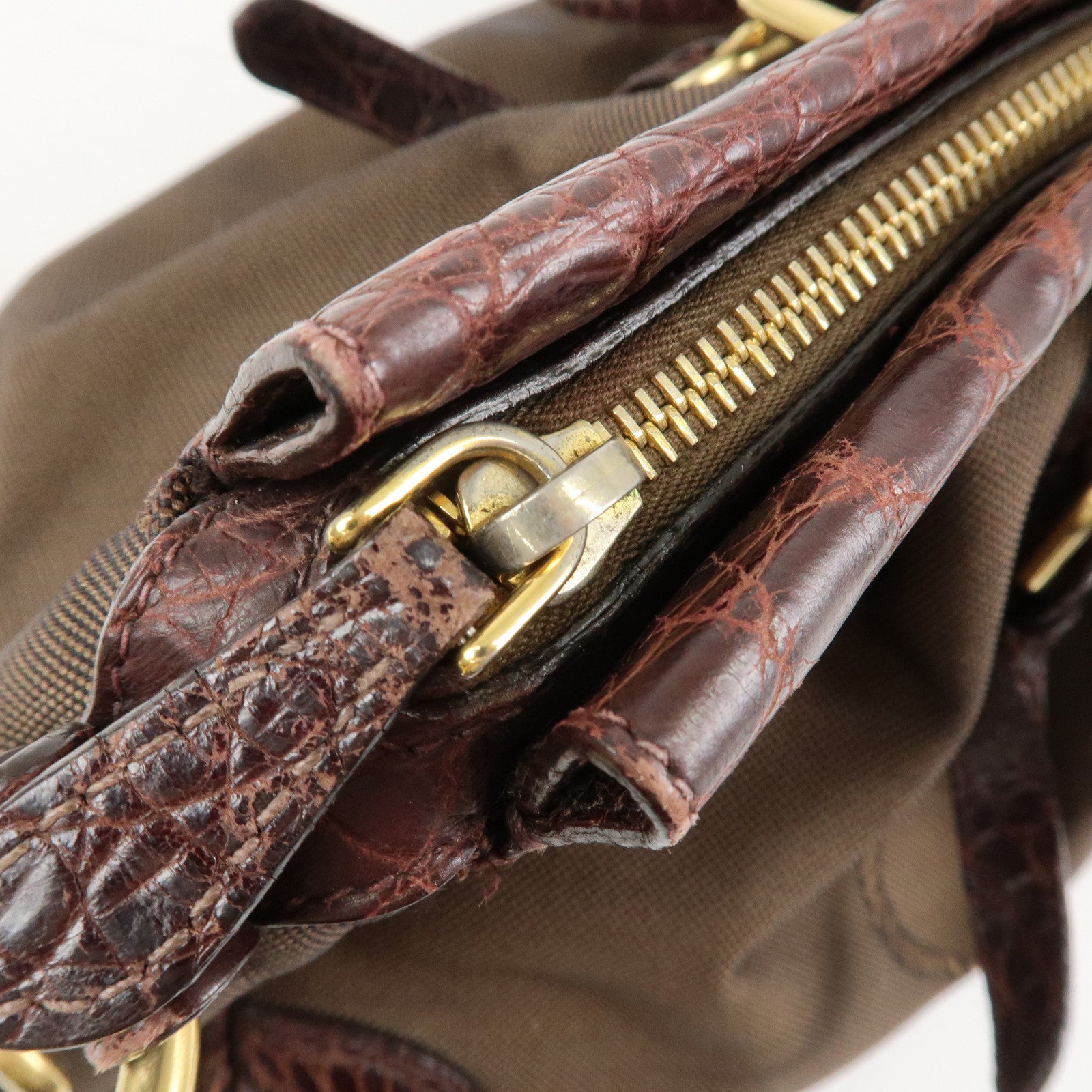 PRADA Logo Canvas Embossed Leather 2Way Shoulder Bag Hand Bag Brown