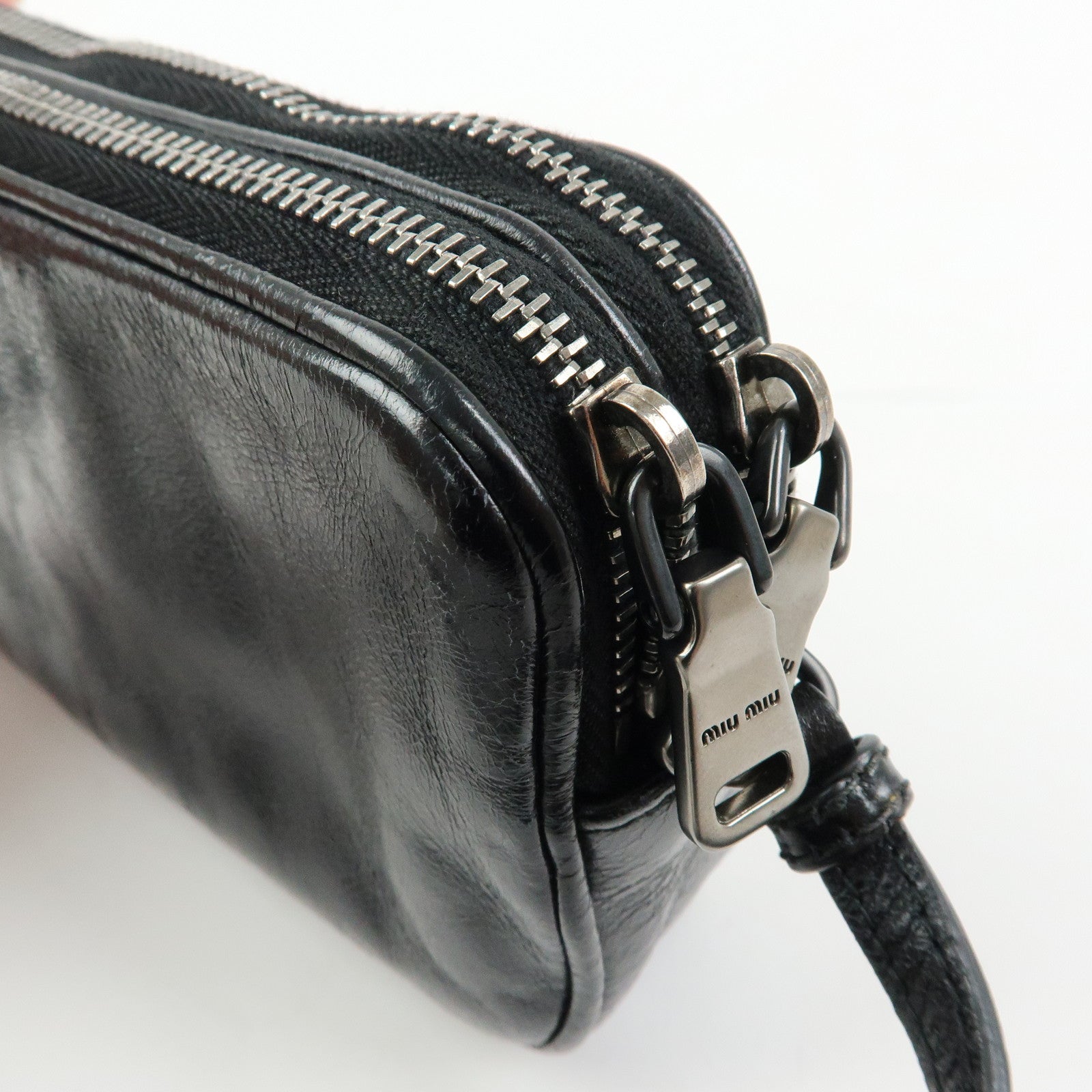 MIU MIU Logo Leather Mini Hand Bag Pouch Studs Black