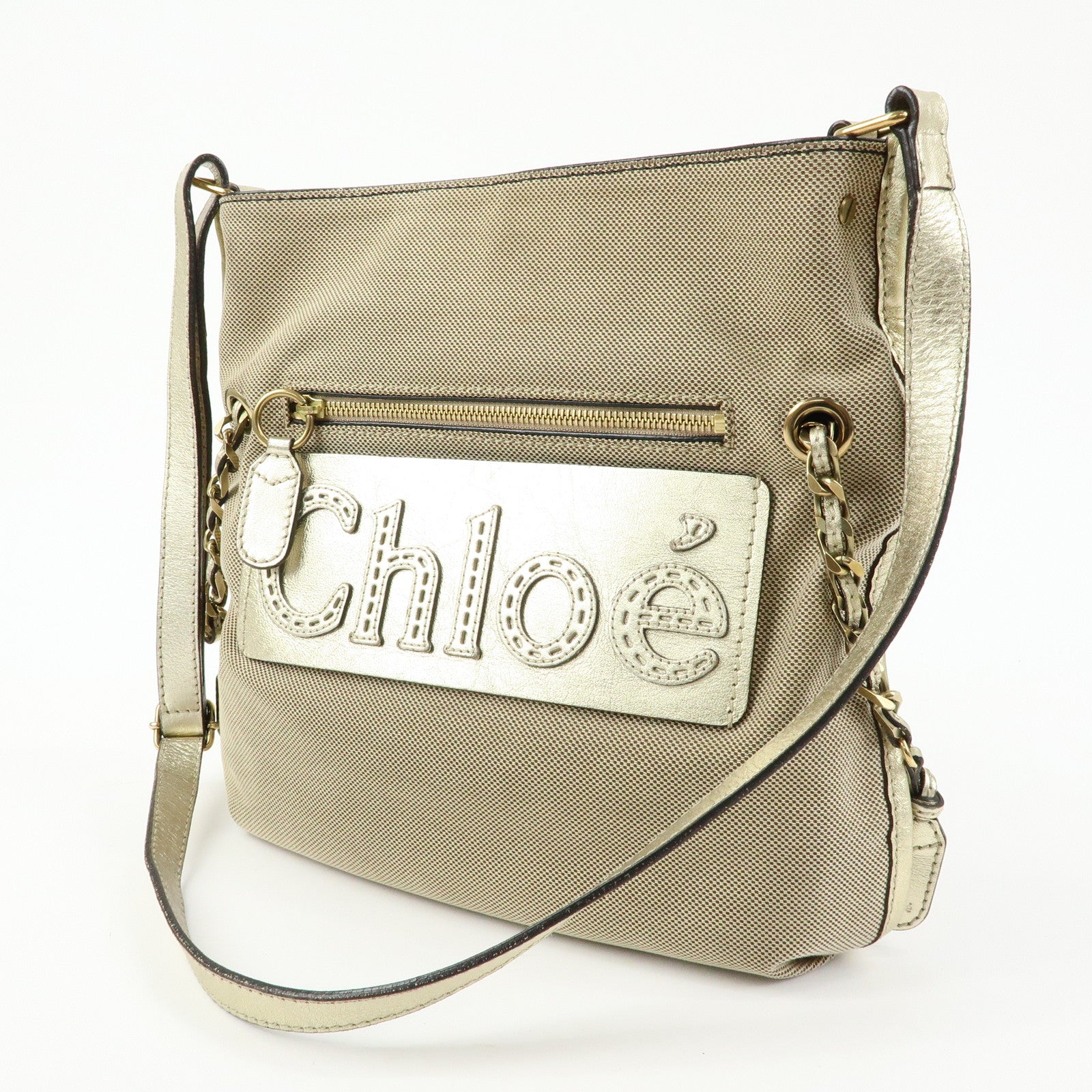 Chloe Harley Canvas Leather Shoulder Bag Crossbody Bag Beige Gold