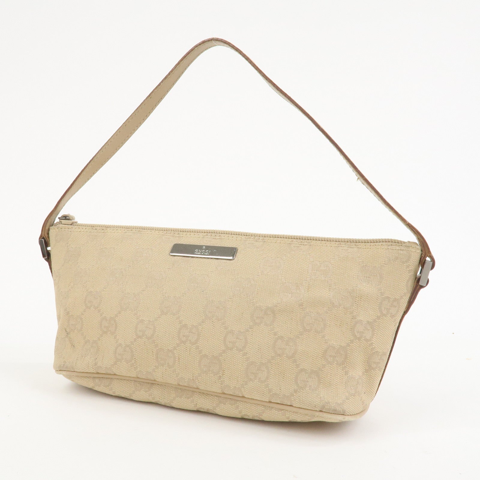 GUCCI Boat Bag GG Canvas Leather Hand Bag Pouch Beige 07198