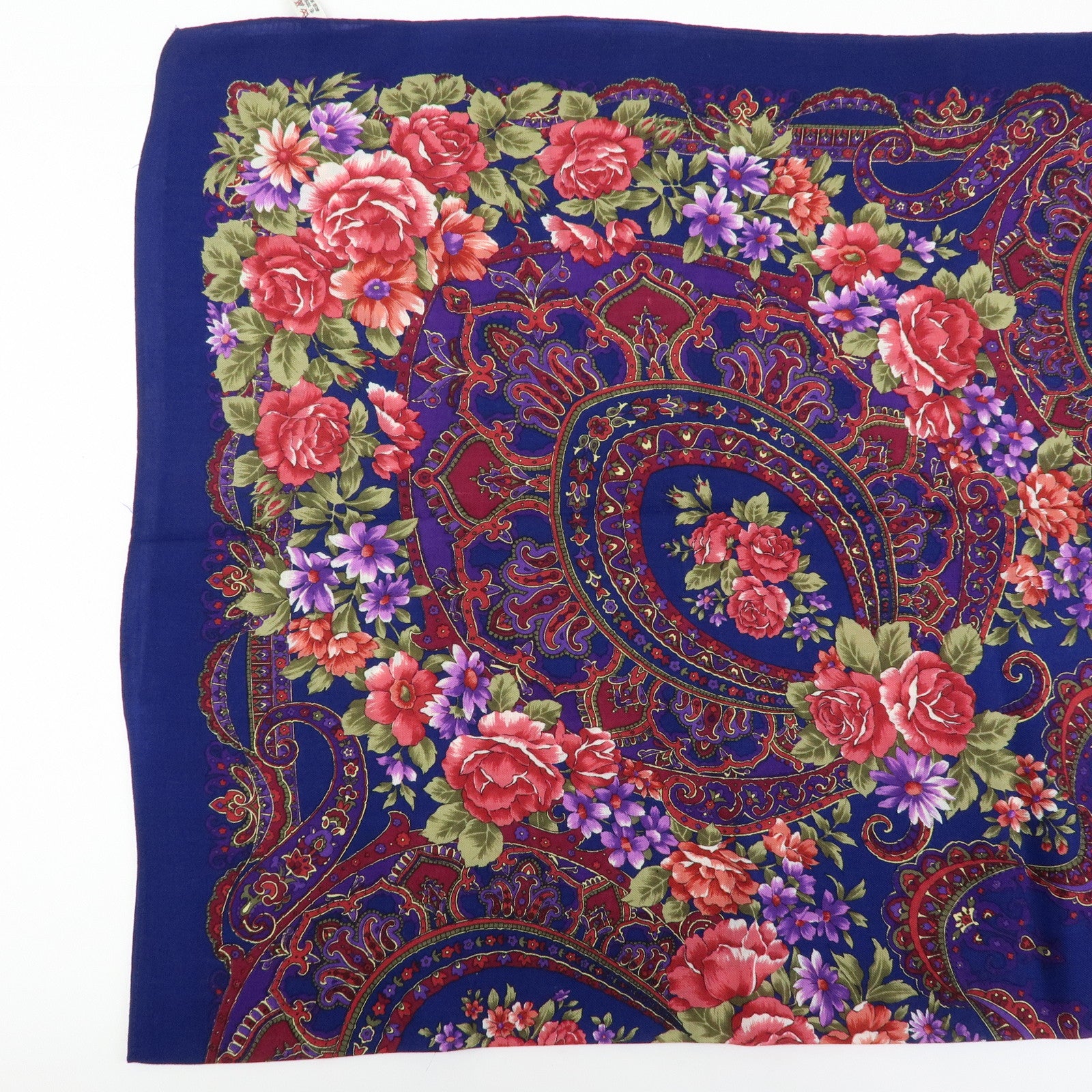 SAINT LAURENT PARIS Cotton Wool Scarf Flower Print Navy Red