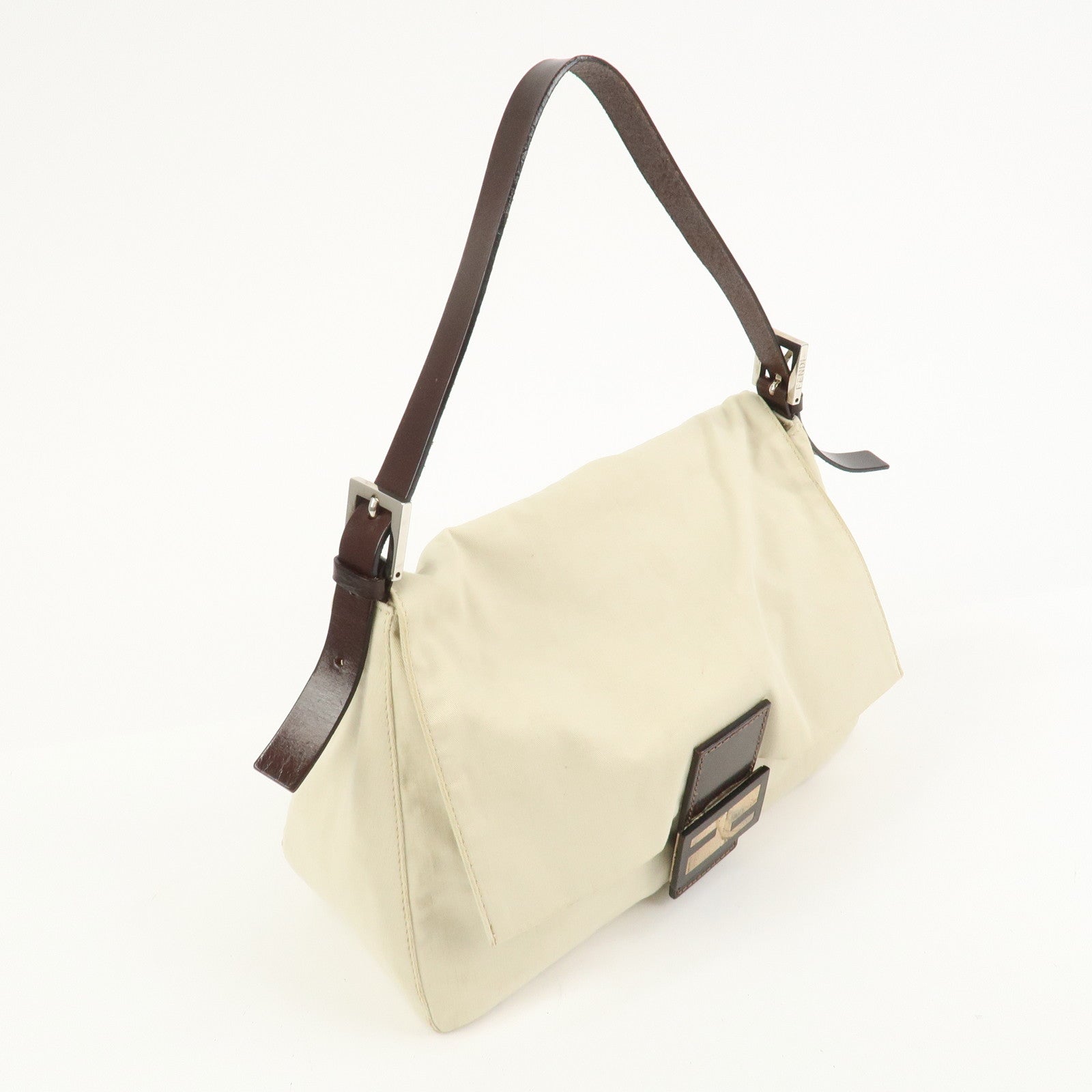 FENDI Mamma Baguette Canvas Leather Shoulder Bag Ivory Brown 26325