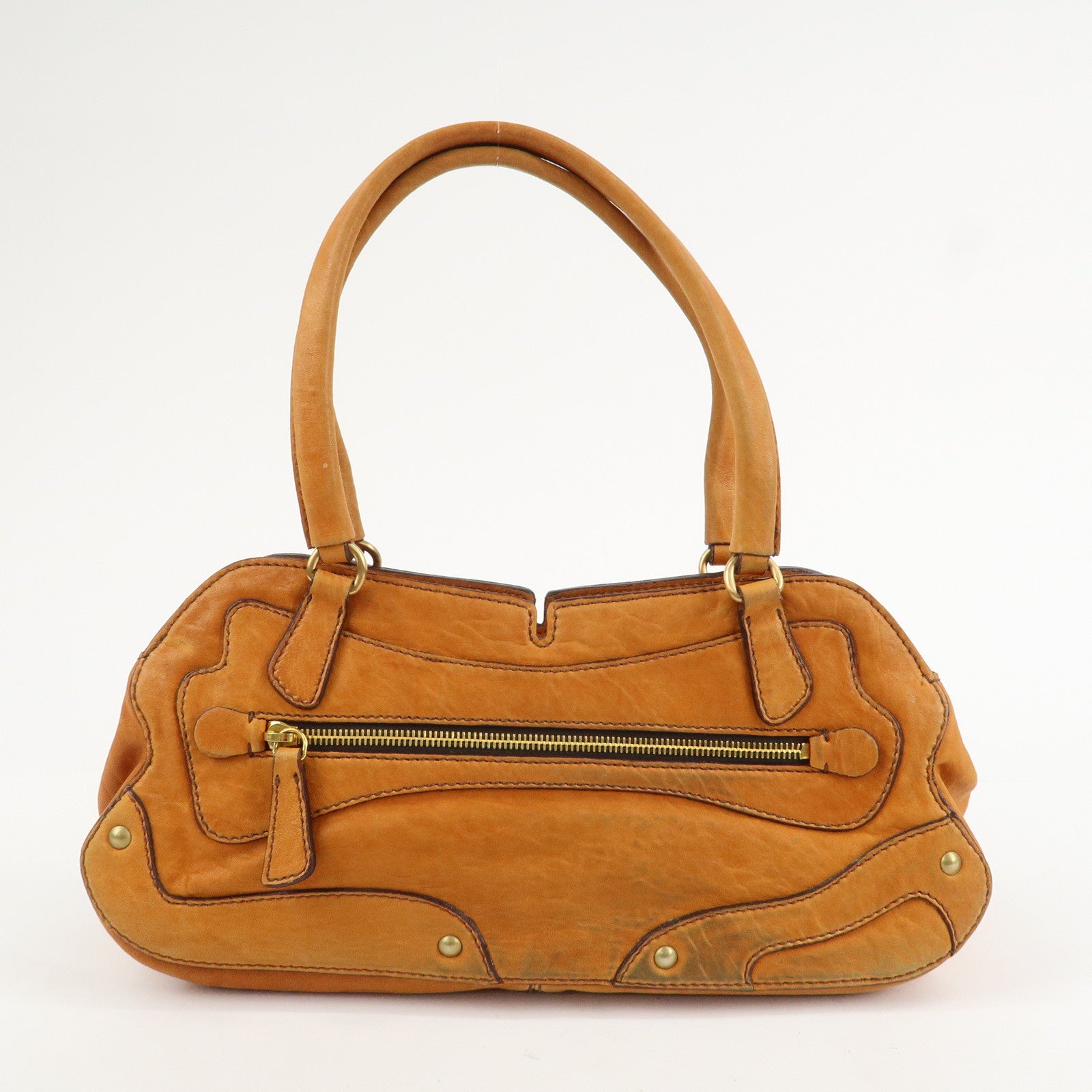 MIUMIU Logo Leather Shoulder Bag Boston Bag Hand Bag Gold HDW Brown Used