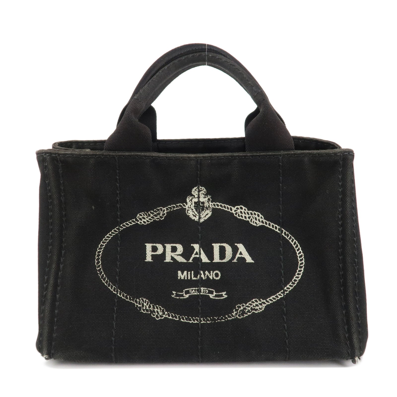 PRADA Logo Canapa Mini Canvas Tote Bag Hand Bag Black BN2439 Used