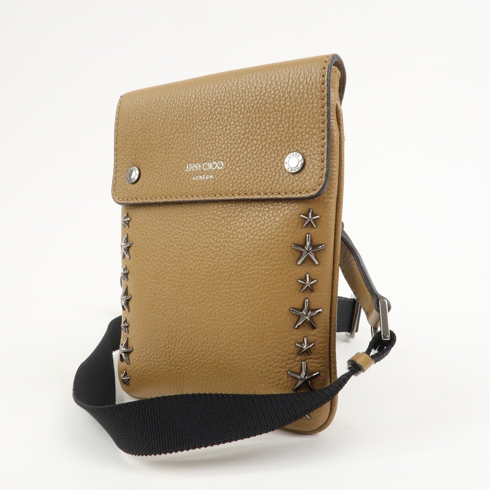 JIMMY CHOO Leather KIMI MESSANGER Studs Shoulder Bag Brown