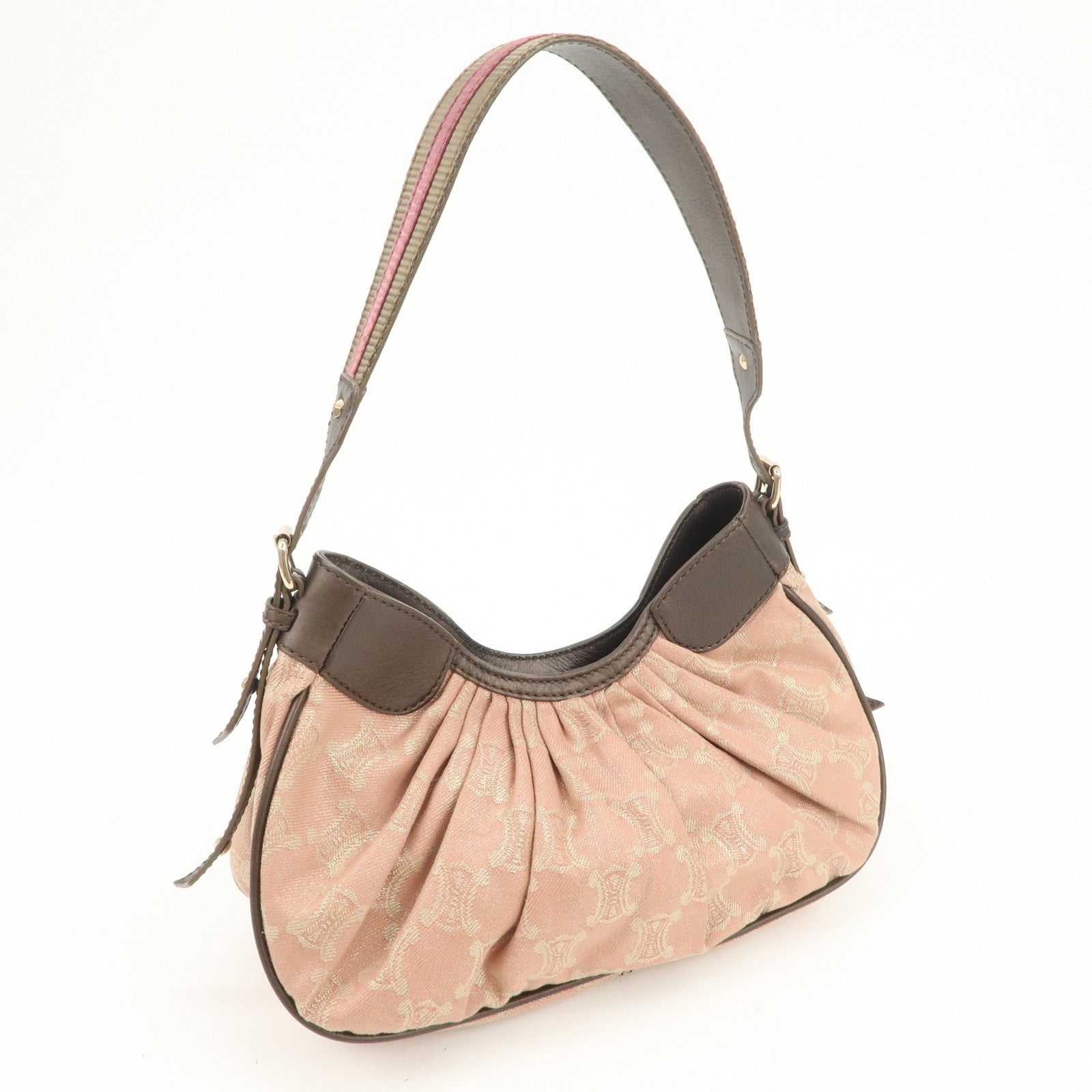 CELINE Macadam Canvas Leather Nylon Velour Shoulder Bag Pink Brown