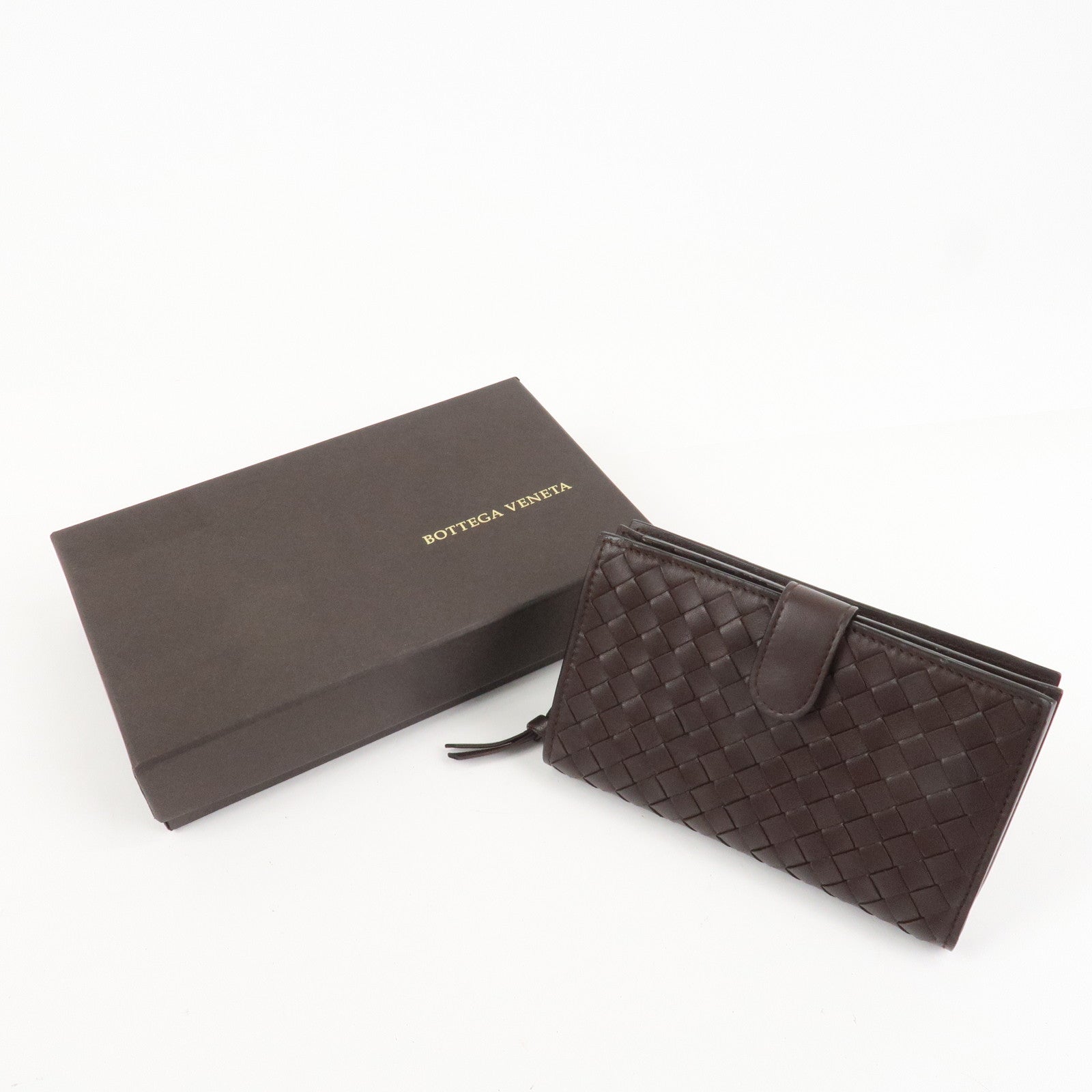 BOTTEGA VENETA Intrecciato Leather Bi-Fold Wallet Dark Brown 121060 Used